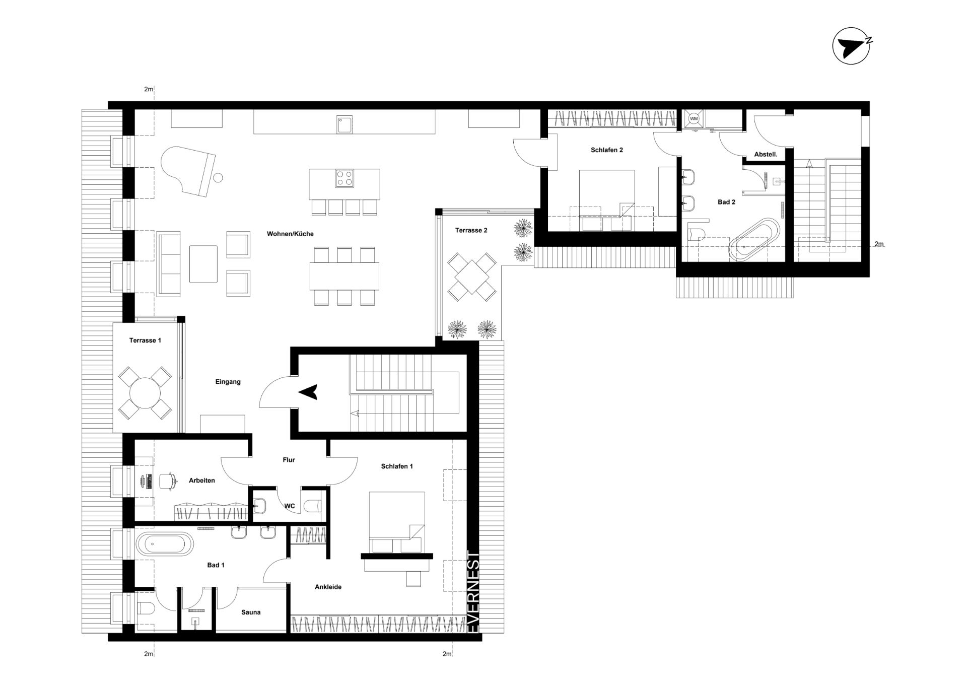 Grundriss einer Wohnung mit zwei Schlafzimmern, zwei Bädern, Wohnzimmer, Küche und zwei Terrassen.