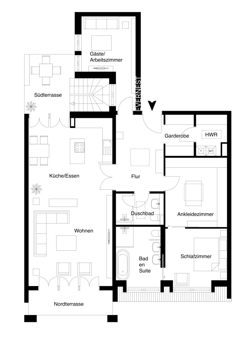 Grundriss einer Wohnung mit Wohnzimmer, Küche, Schlafzimmer, Bädern und zwei Terrassen.