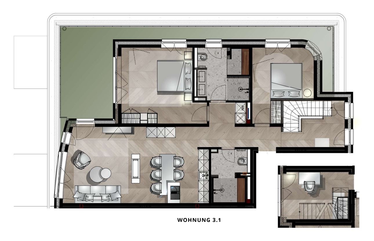 Grundriss einer Wohnung mit zwei Schlafzimmern, zwei Bädern, Wohnküche und Balkon.