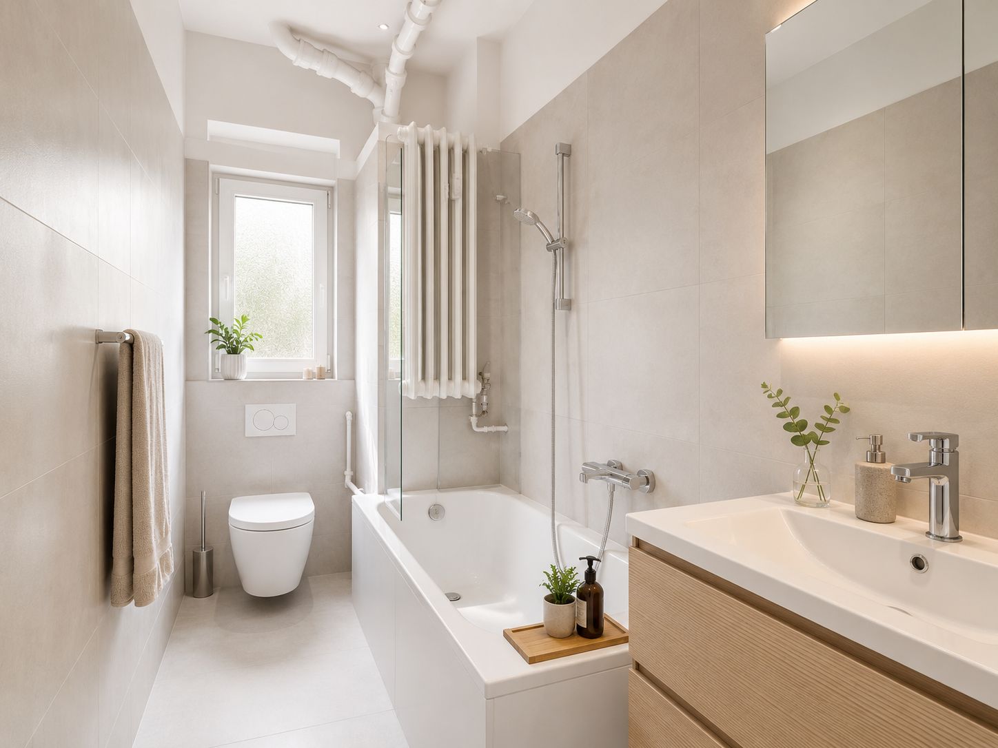 Modernes helles Bad mit Badewanne, Waschbecken, Toilette und Fenster, dekoriert mit Pflanzen.