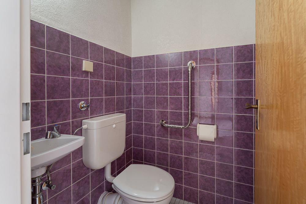 Kleines Badezimmer mit lila Fliesen, WC, Waschbecken und Haltegriff an der Wand.