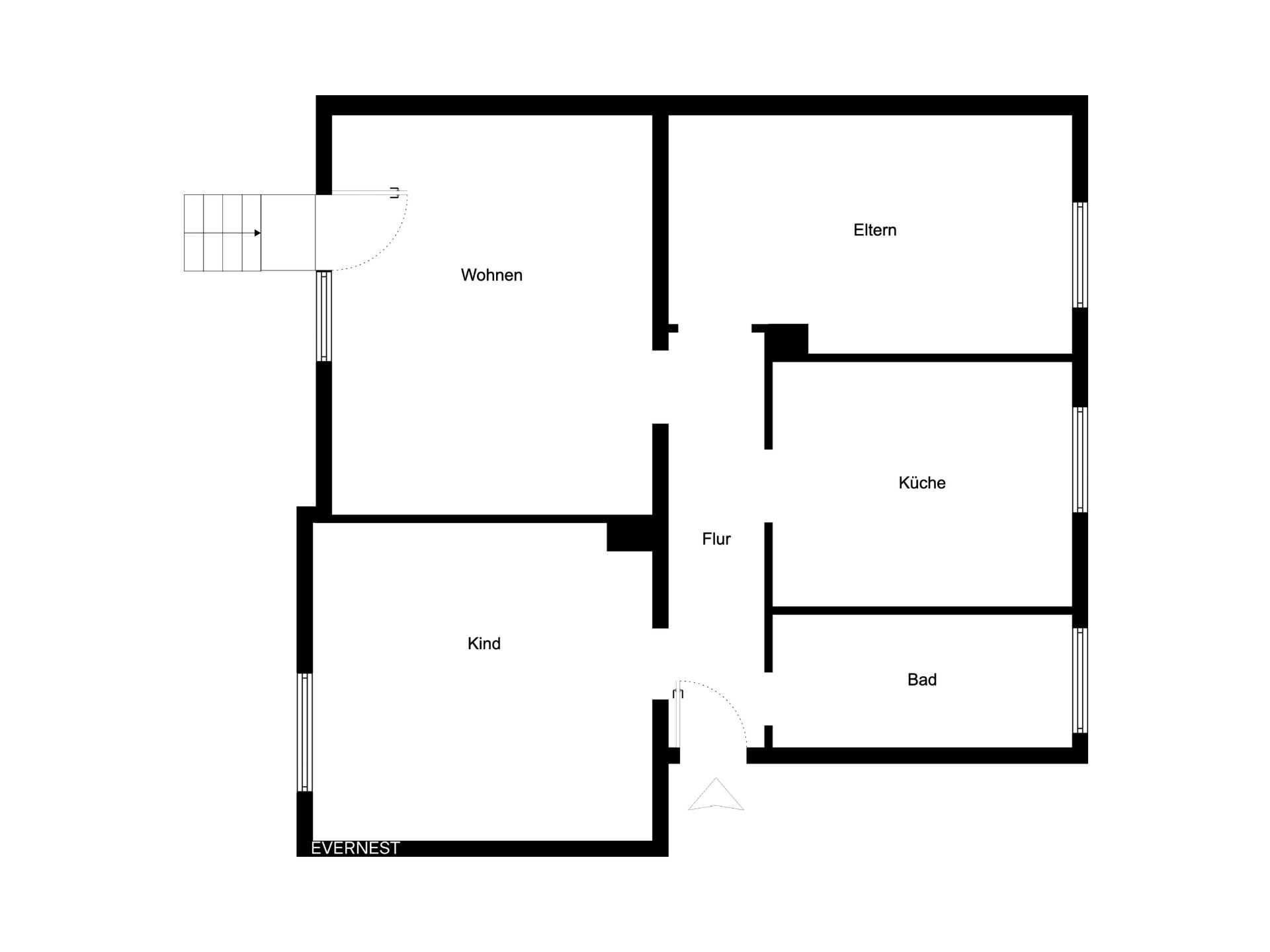 Grundriss einer Wohnung mit Zimmern: Wohnen, Eltern, Kind, Küche, Bad und Flur.