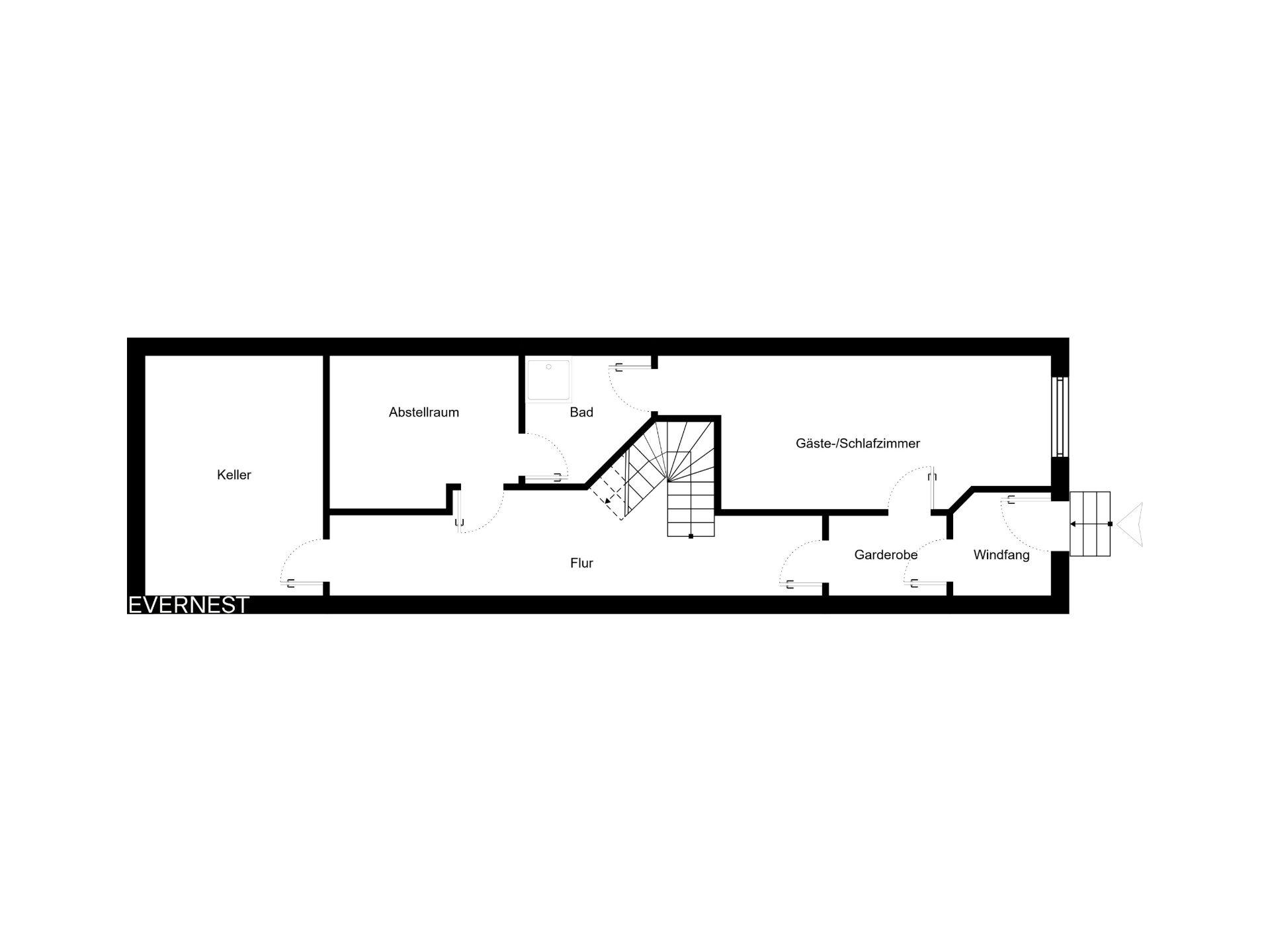 Grundriss mit Keller, Abstellraum, Bad, Flur, Gästezimmer, Garderobe und Windfang.