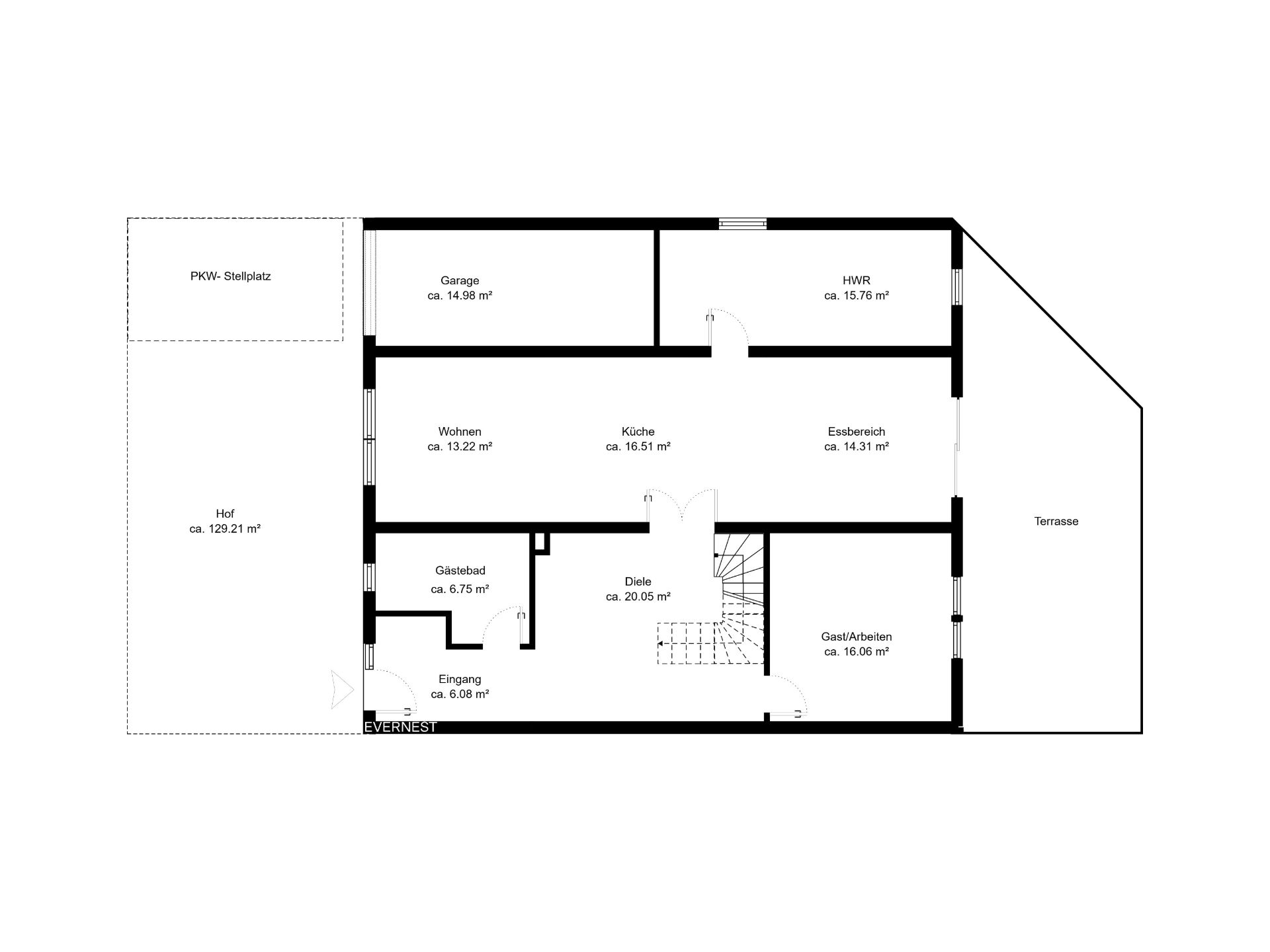 Grundriss eines Hauses mit Garage, Küche, Wohn- und Essbereich, Gästezimmer und Terrasse.