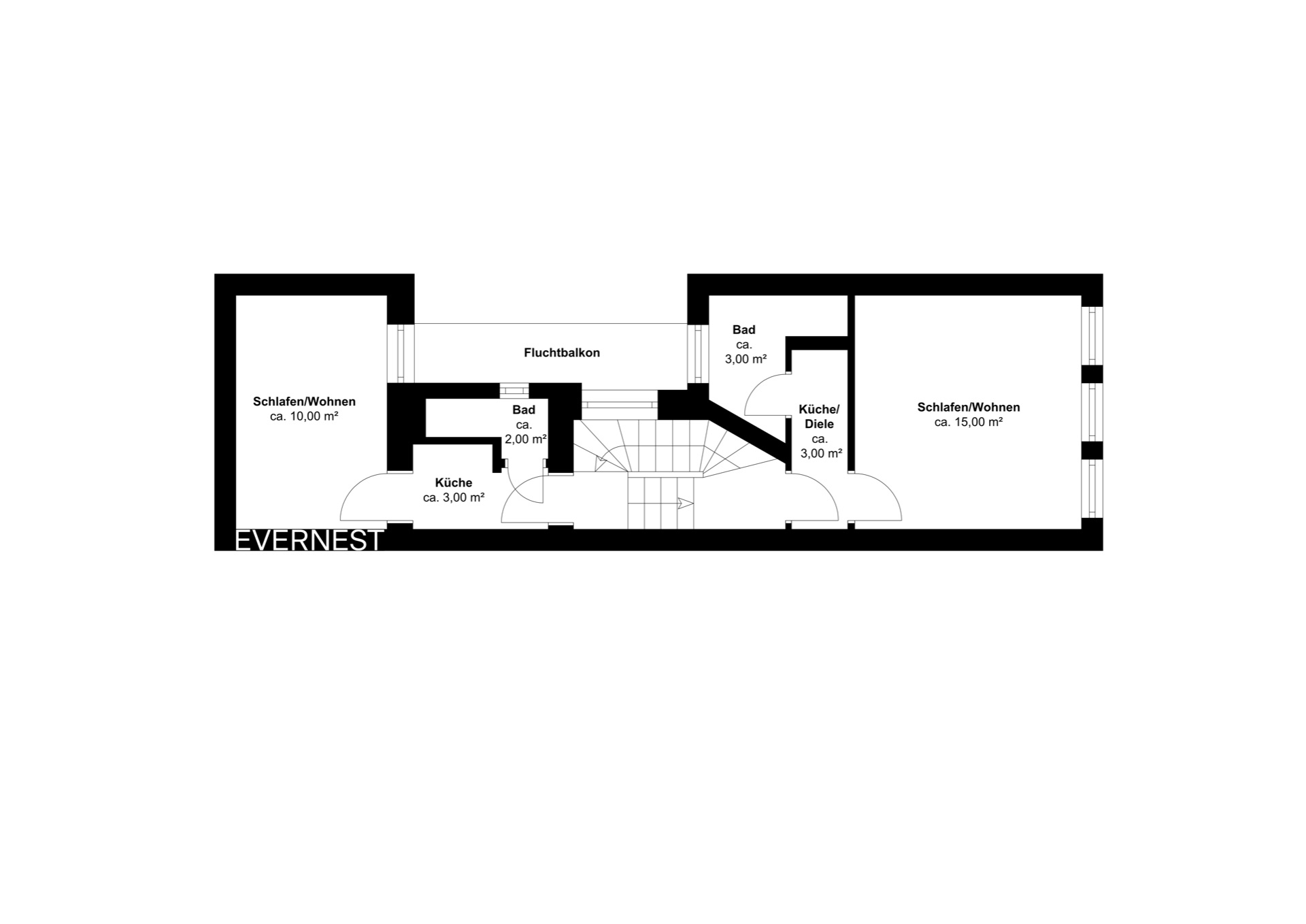 Wohnungsgrundriss mit zwei Schlaf-/Wohnräumen, zwei Bädern, zwei Küchen und einem Fluchtbalkon.