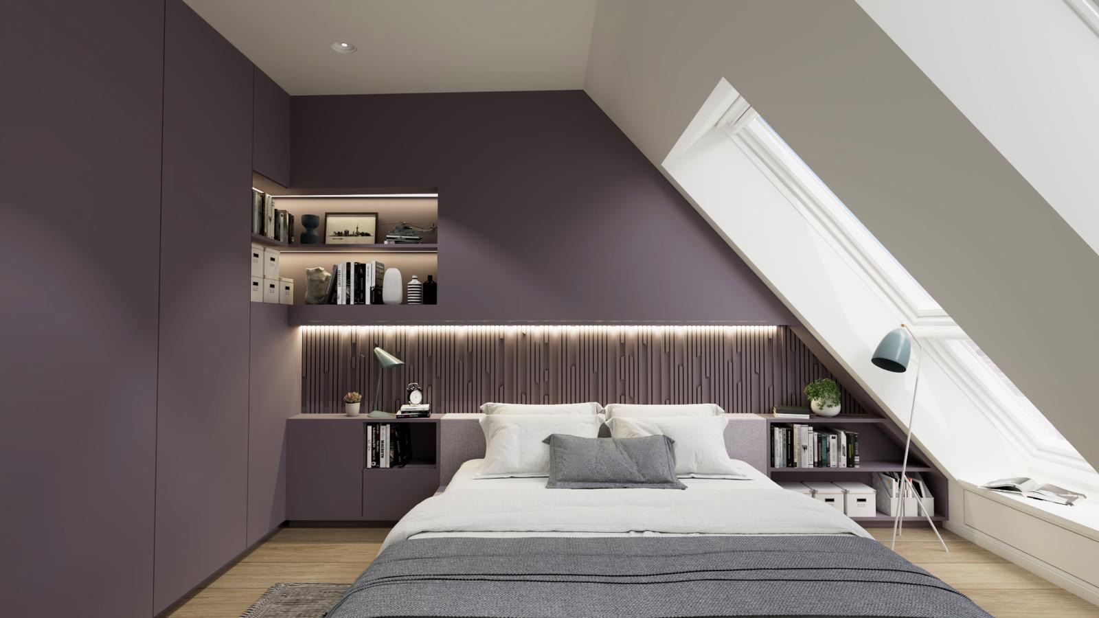 Modernes Schlafzimmer mit schräge Decke, großem Fenster, Doppelbett und eingebauten Regalen.