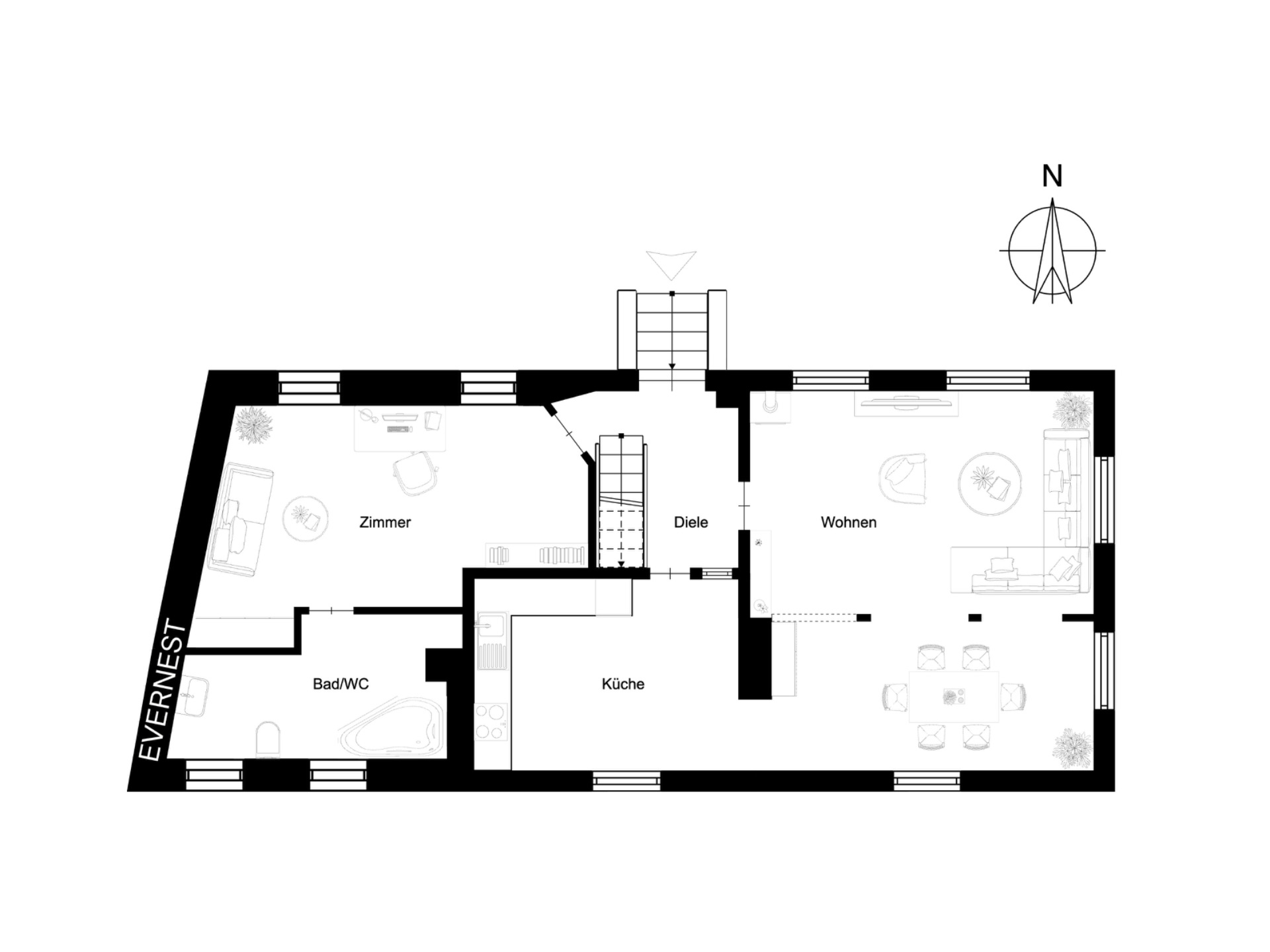 Grundriss mit Zimmer, Bad/WC, Küche, Wohnen und Diele, Treppe in der Mitte.