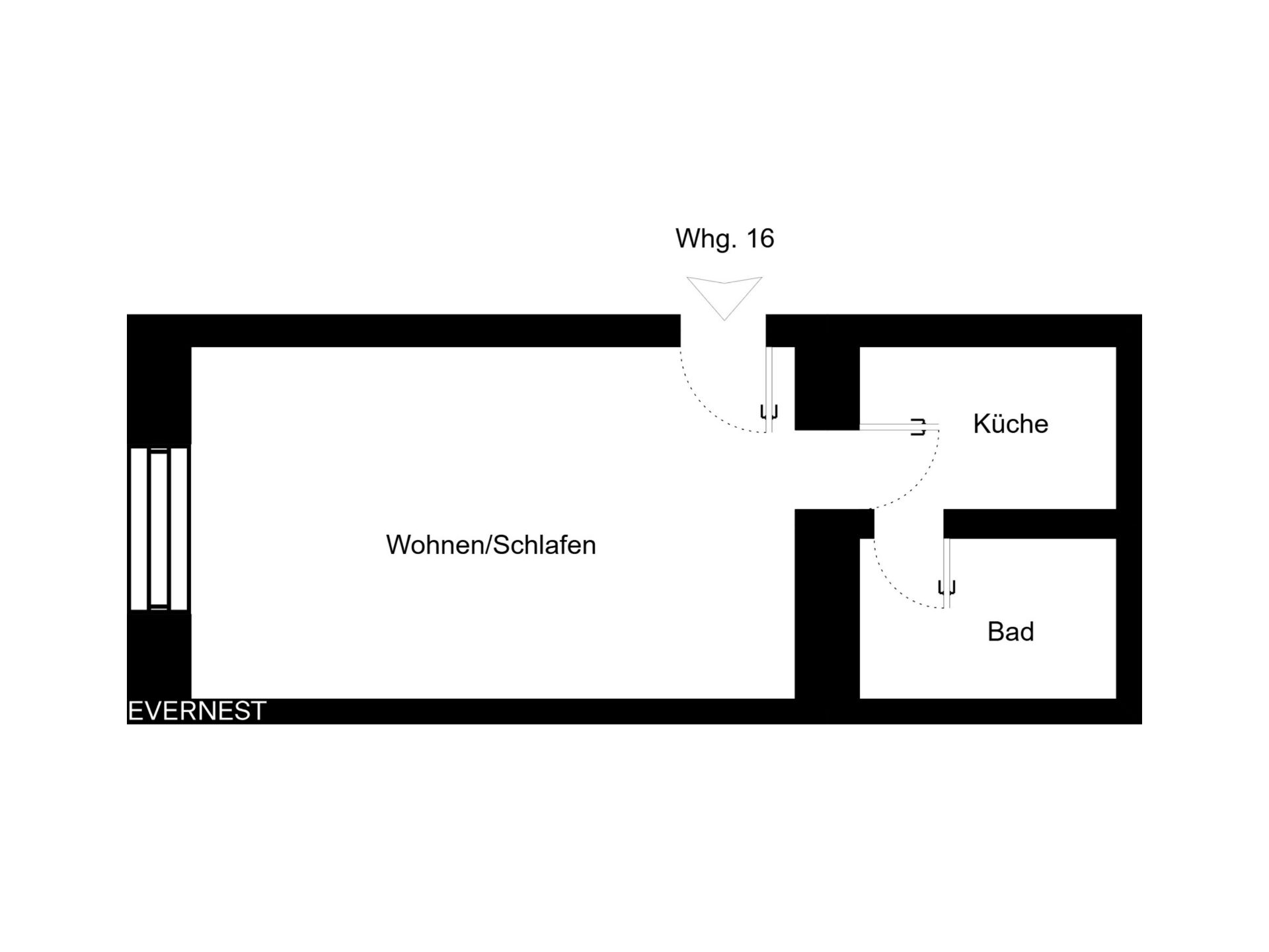 Grundriss einer Wohnung mit Wohn-/Schlafraum, Küche und Bad.