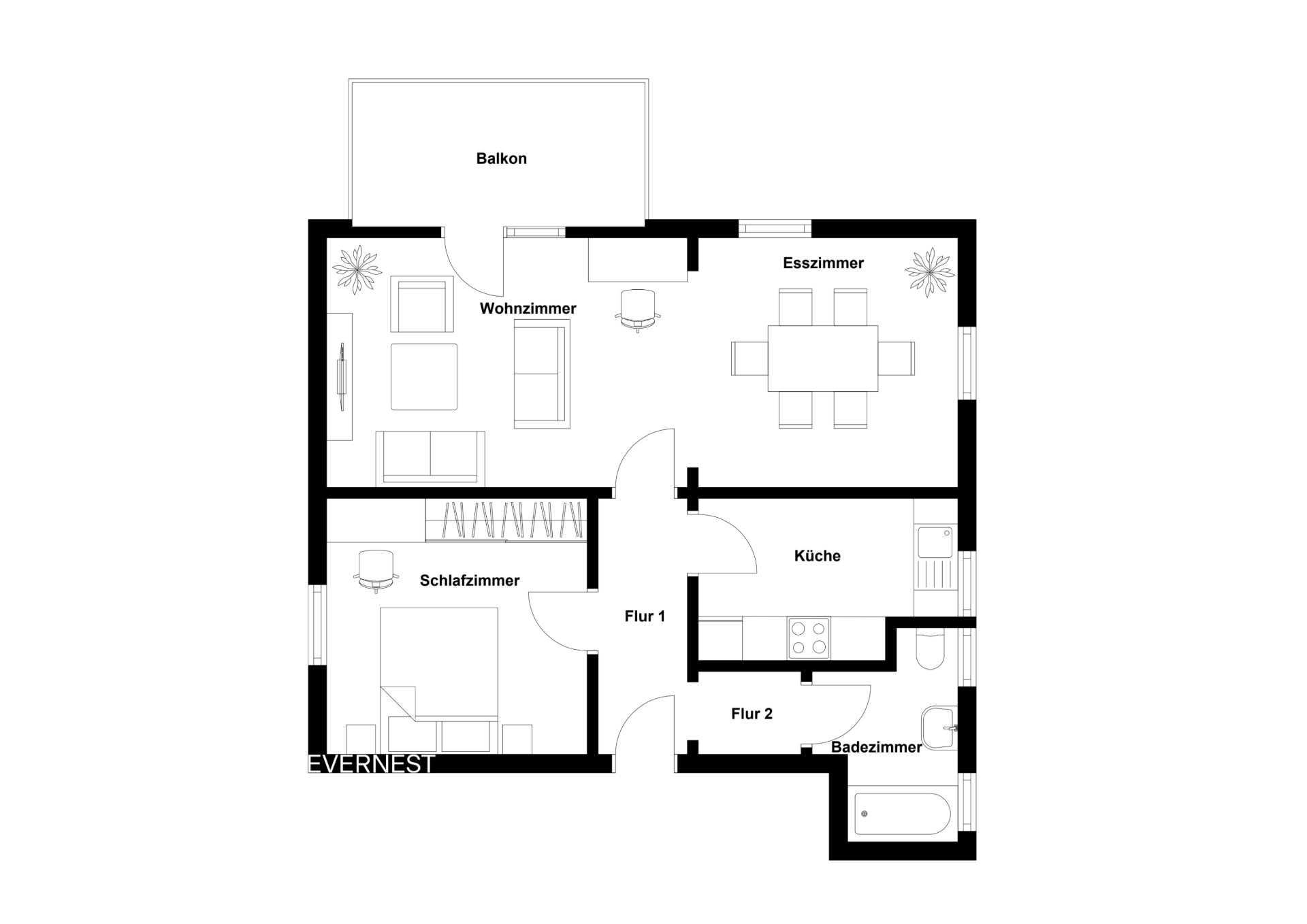 Grundriss einer Wohnung mit Wohnzimmer, Schlafzimmer, Küche, Esszimmer, Bad und Balkon.