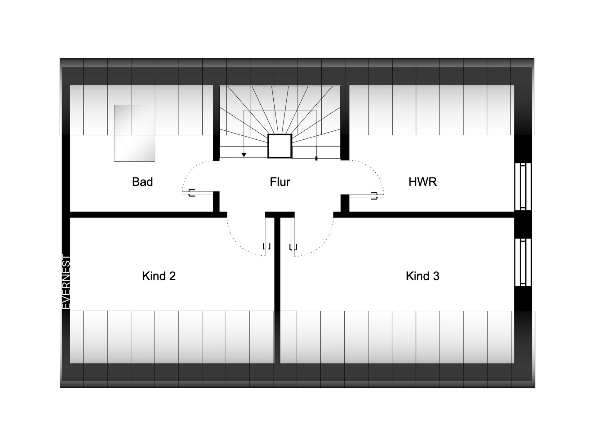 Grundriss mit Flur, Bad, Hauswirtschaftsraum und zwei Kinderzimmern.