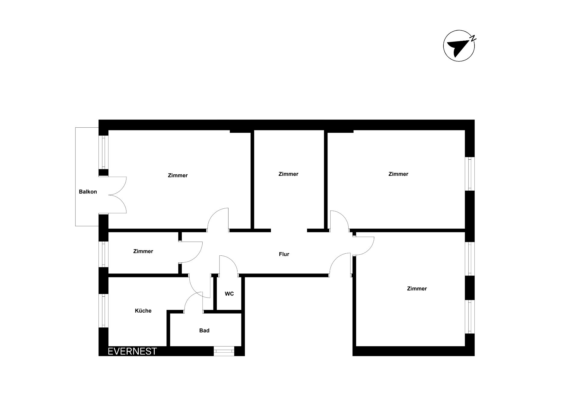 Grundriss einer Wohnung mit fünf Zimmern, Flur, Küche, Bad, WC und Balkon.
