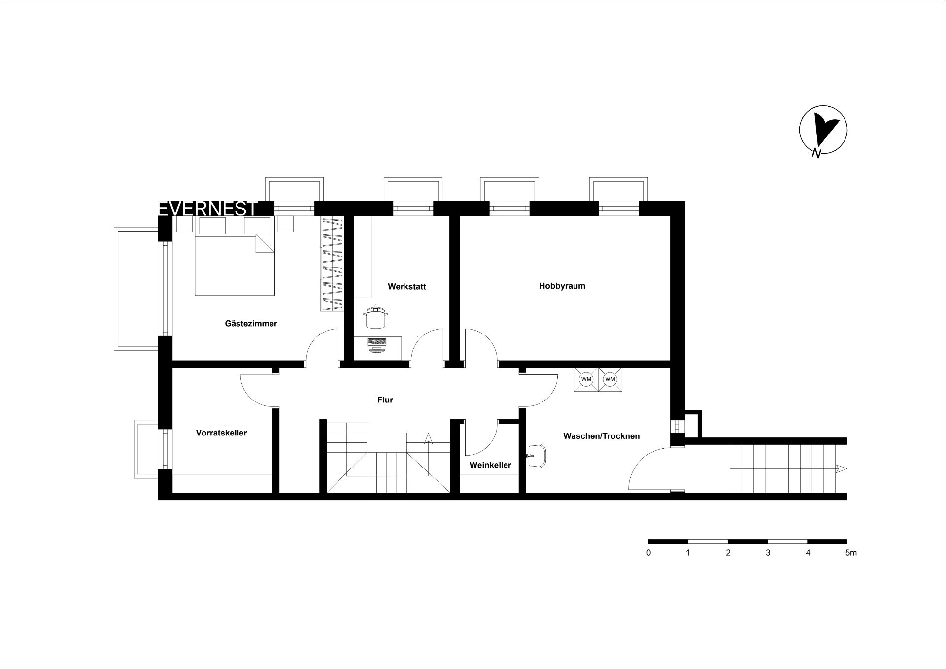 Grundriss eines Kellers mit Gästezimmer, Vorratskeller, Werkstatt, Hobbyraum, Weinkeller und Waschküche.