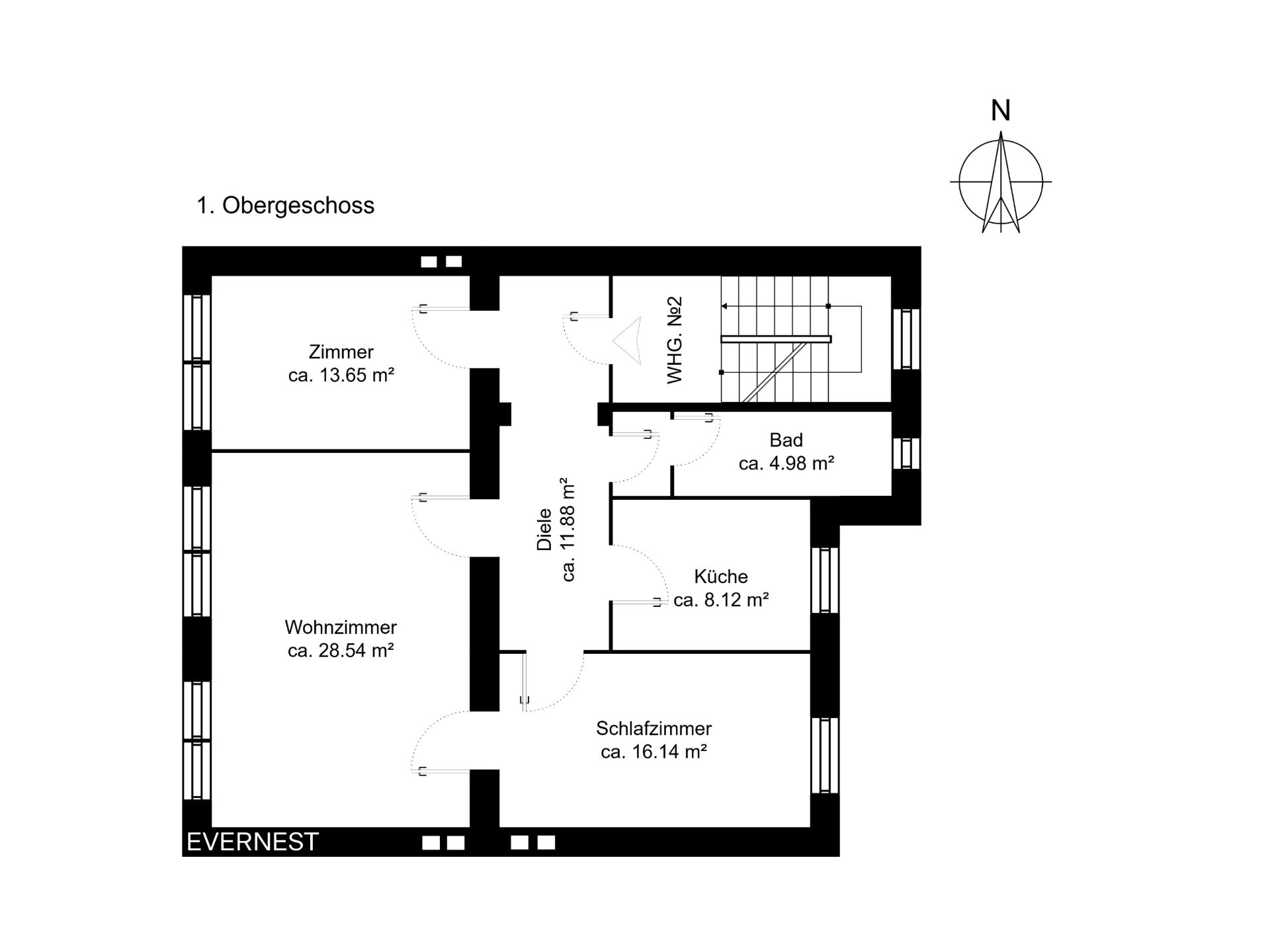 Grundriss des ersten Obergeschosses mit Wohnzimmer, Schlafzimmer, Küche, Bad und Zimmer.
