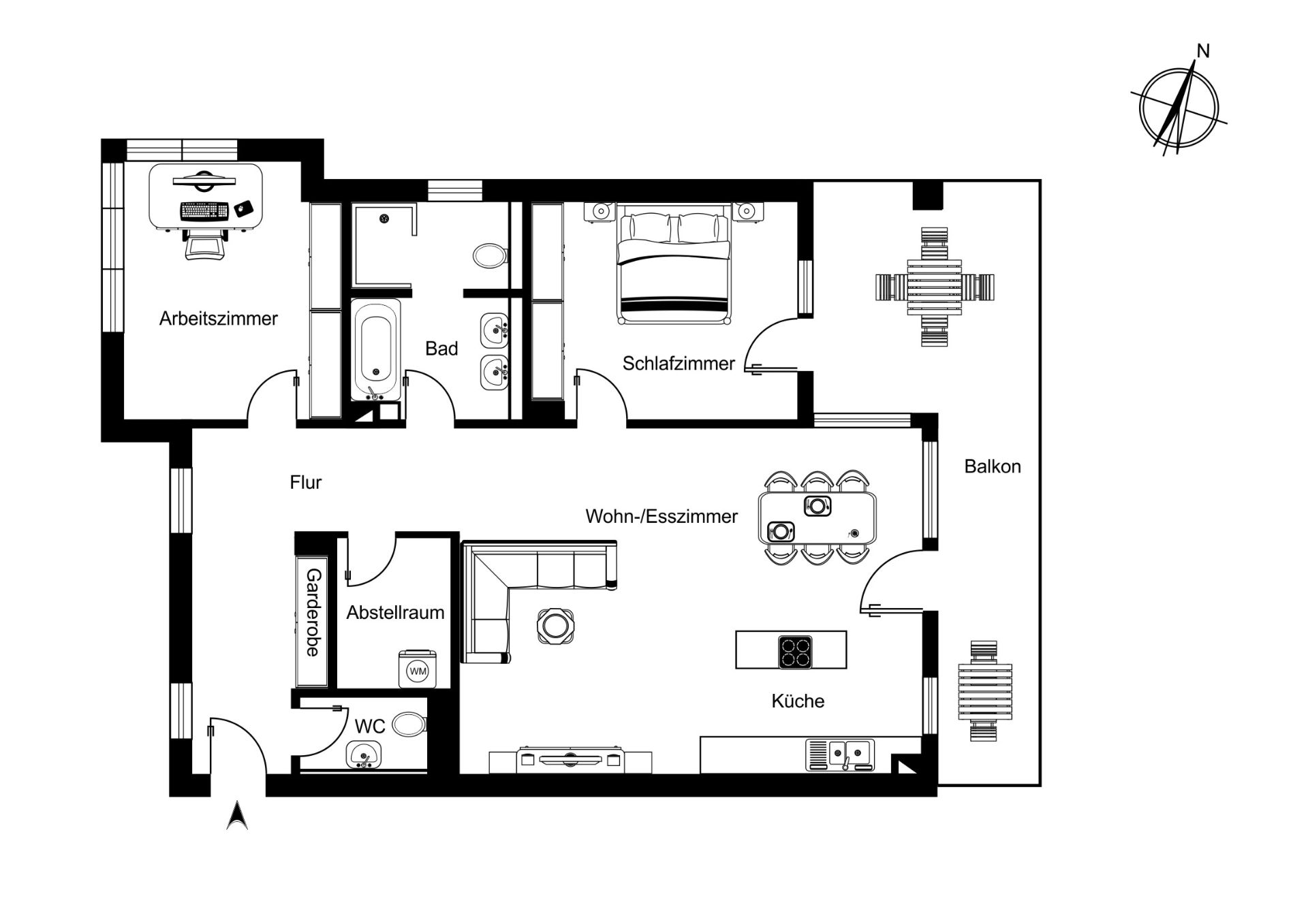 Grundriss einer Wohnung mit Schlafzimmer, Arbeitszimmer, Bad, Küche, Wohnzimmer und Balkon.