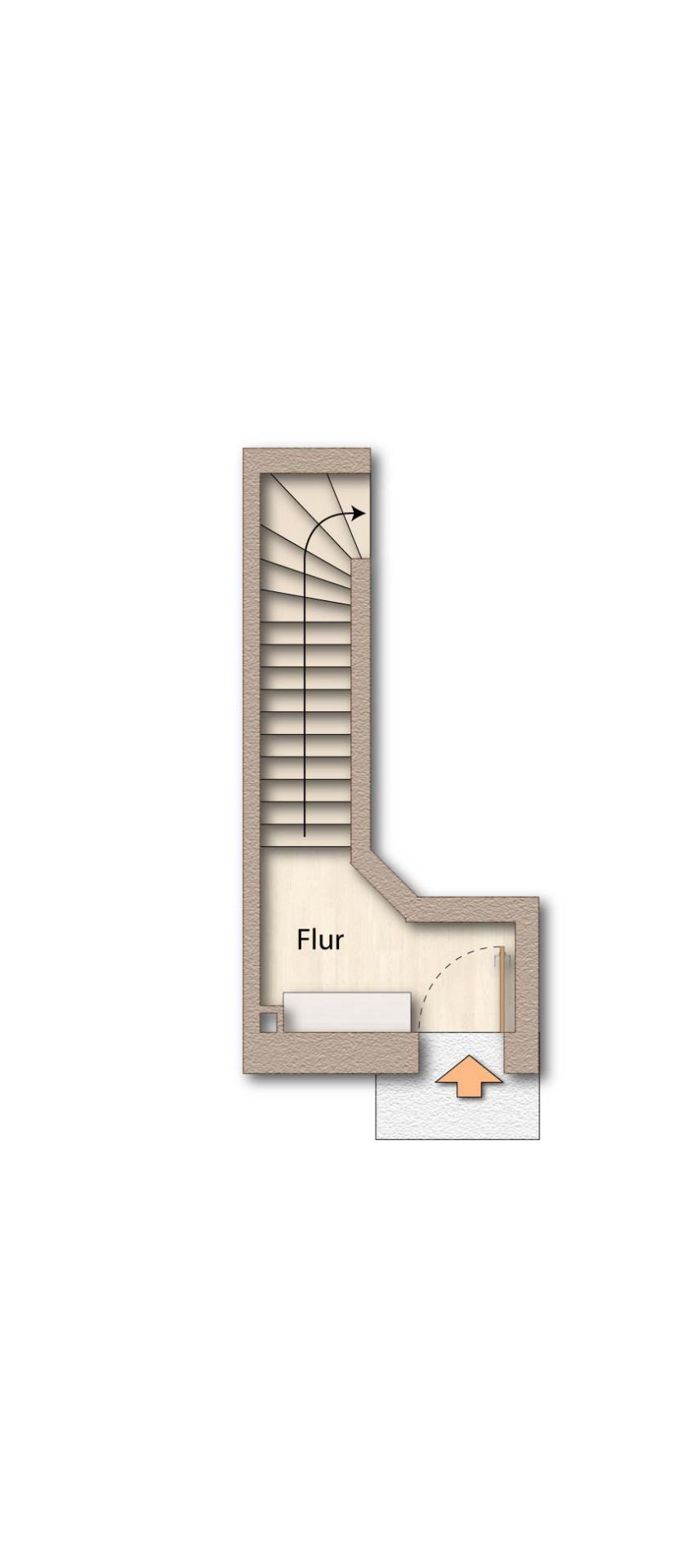 Grundriss mit Flur, Treppe und Eingangstür in einem Wohnhaus.