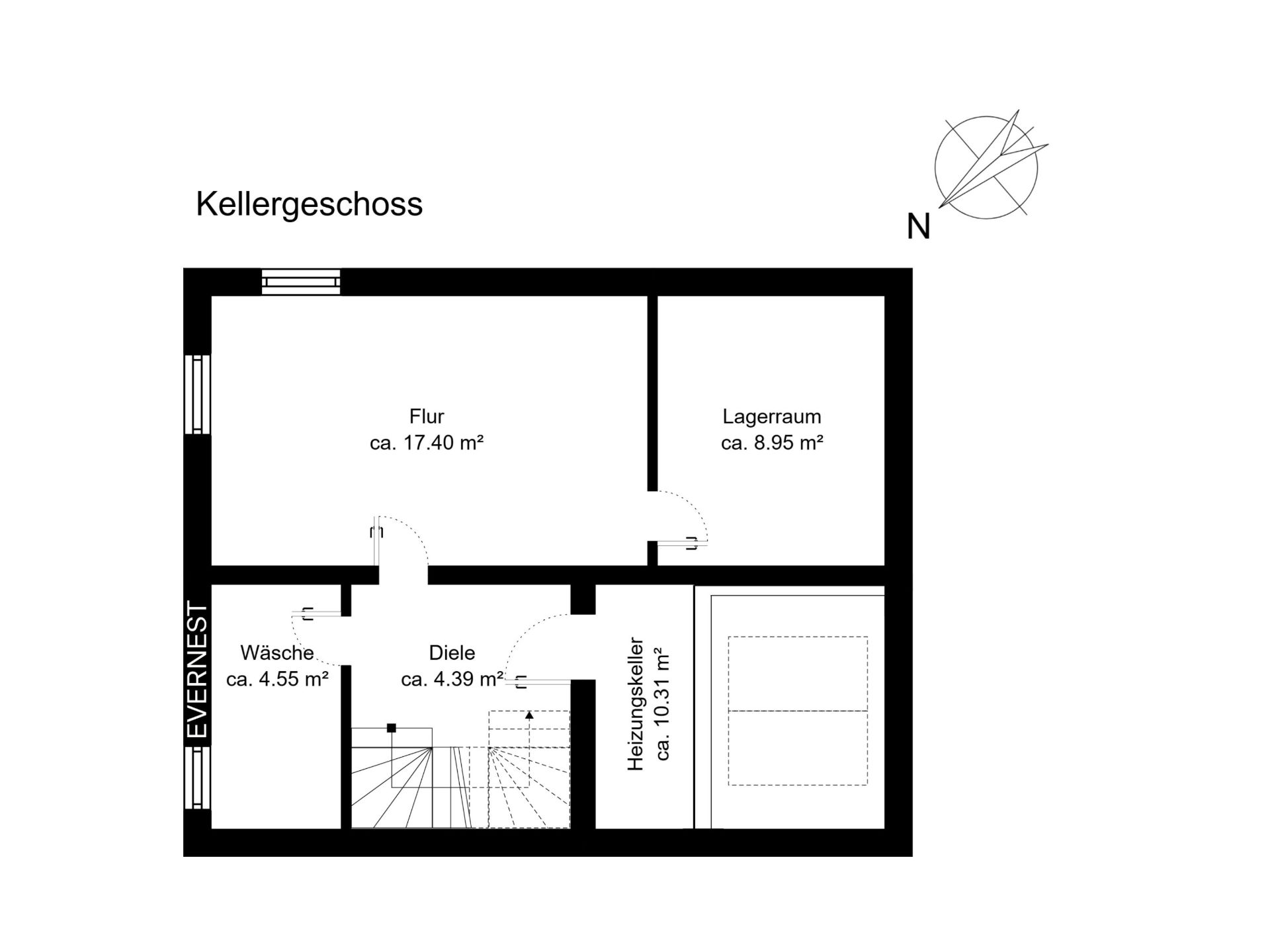 Grundriss eines Kellergeschosses mit Flur, Lagerraum, Waschküche, Diele und Heizungskeller.