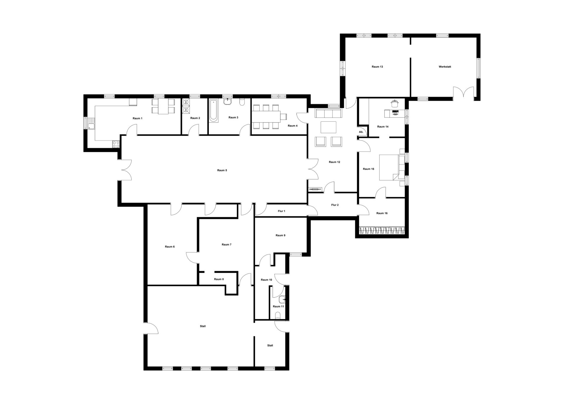 Grundriss eines Wohnhauses mit mehreren Zimmern, Küche, Bädern und Garage.