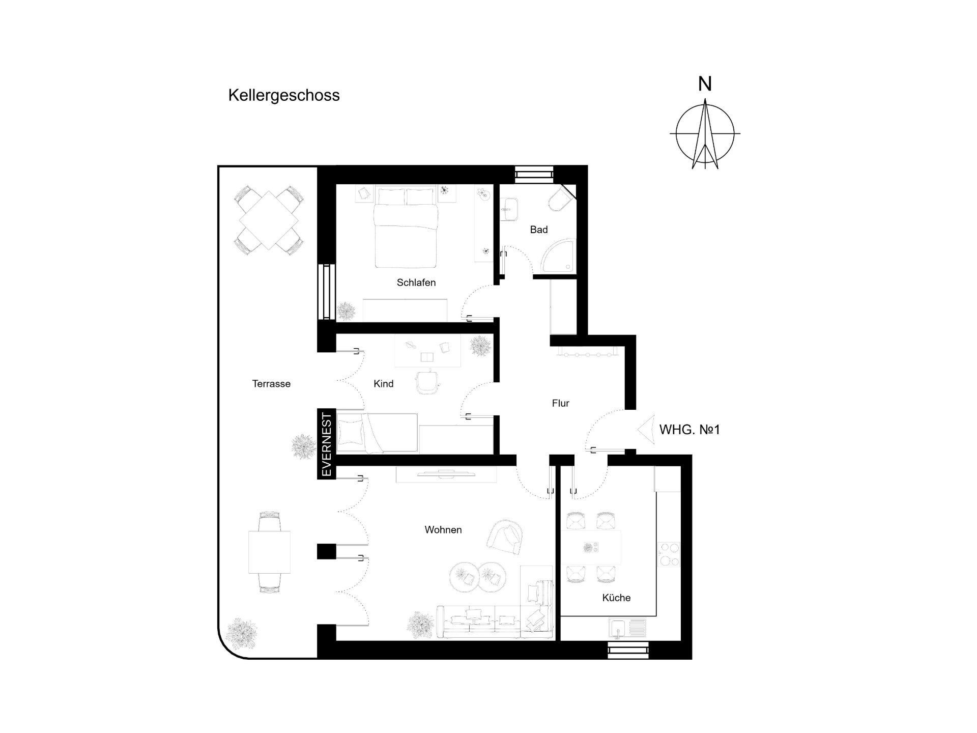 Grundriss einer Wohnung mit Schlafzimmer, Kinderzimmer, Bad, Küche, Wohnzimmer und Terrasse.
