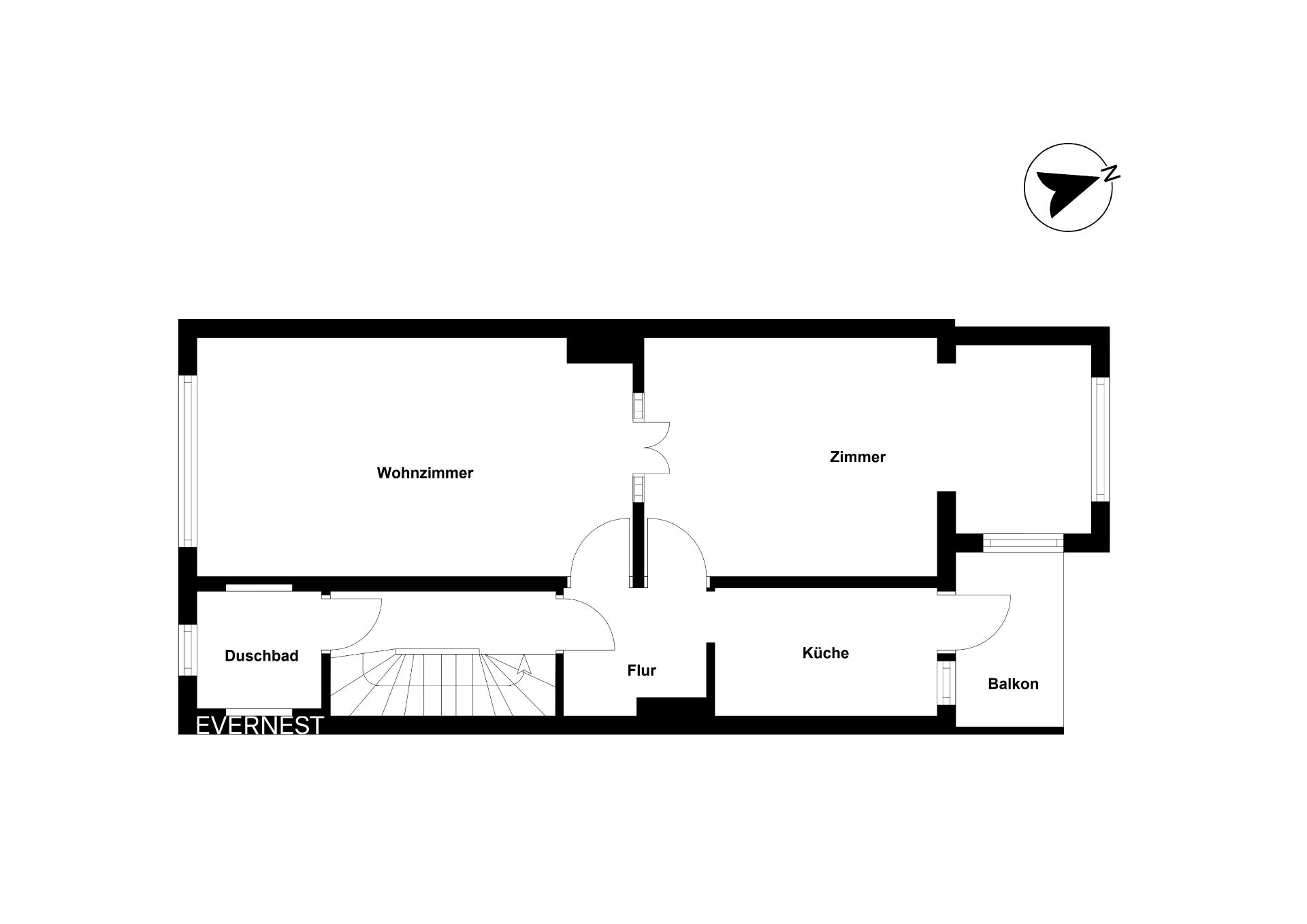 Grundriss einer Wohnung mit Wohnzimmer, Zimmer, Duschbad, Flur, Küche und Balkon.