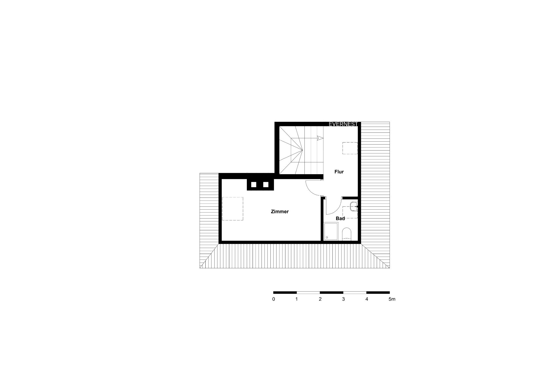 Grundriss mit Zimmer, Flur, Bad und Treppe, Maßstab unten.