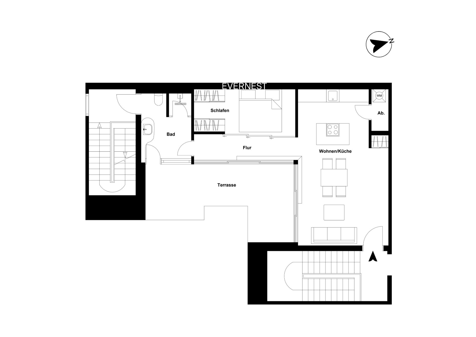 Grundriss einer Wohnung mit Schlafzimmer, Bad, Wohnküche, Flur und Terrasse.