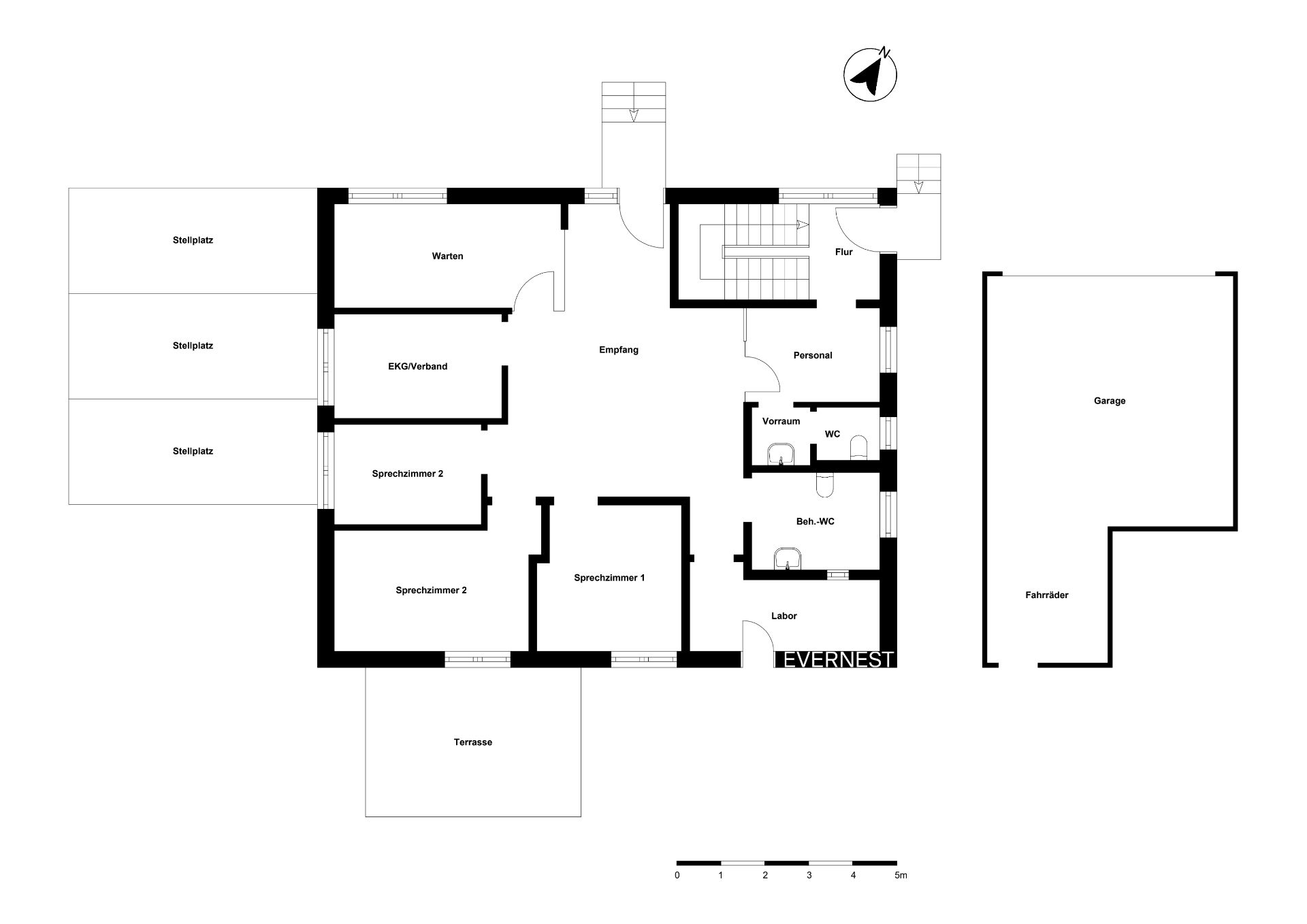 Grundriss mit Räumen wie Empfang, Wartebereich, Sprechzimmer, Labor, WC, Terrasse und Garage.