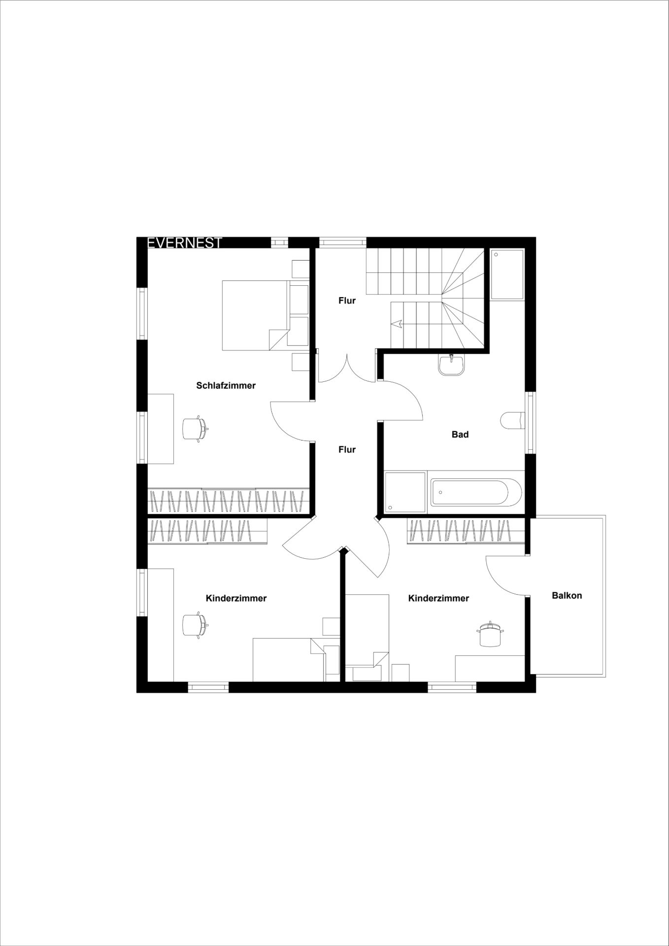 Grundriss mit Schlafzimmer, zwei Kinderzimmern, Bad, Flur und Balkon.