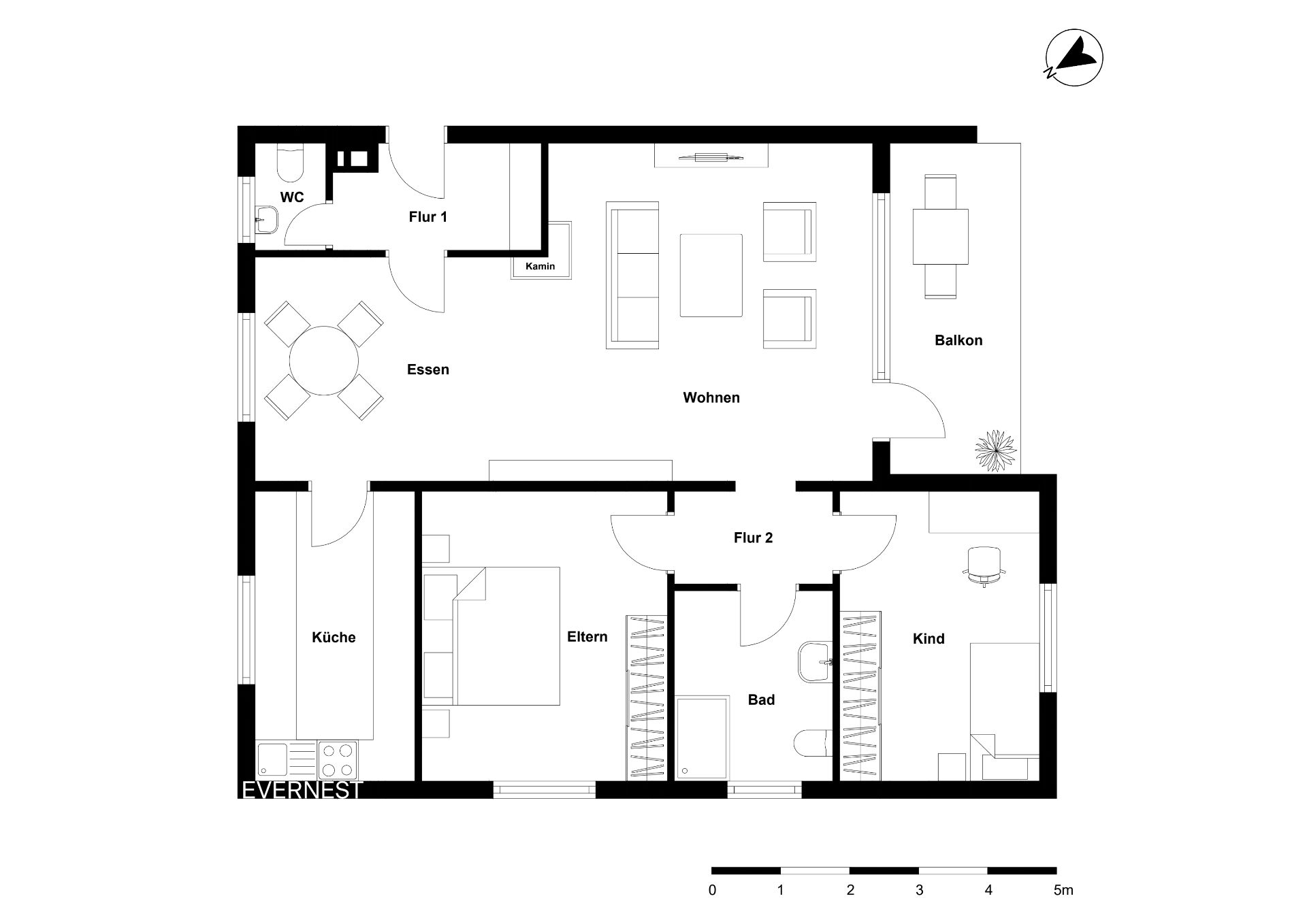 Grundriss einer Wohnung mit Wohnzimmer, Küche, Bad, WC, zwei Schlafzimmern, Essbereich und Balkon.