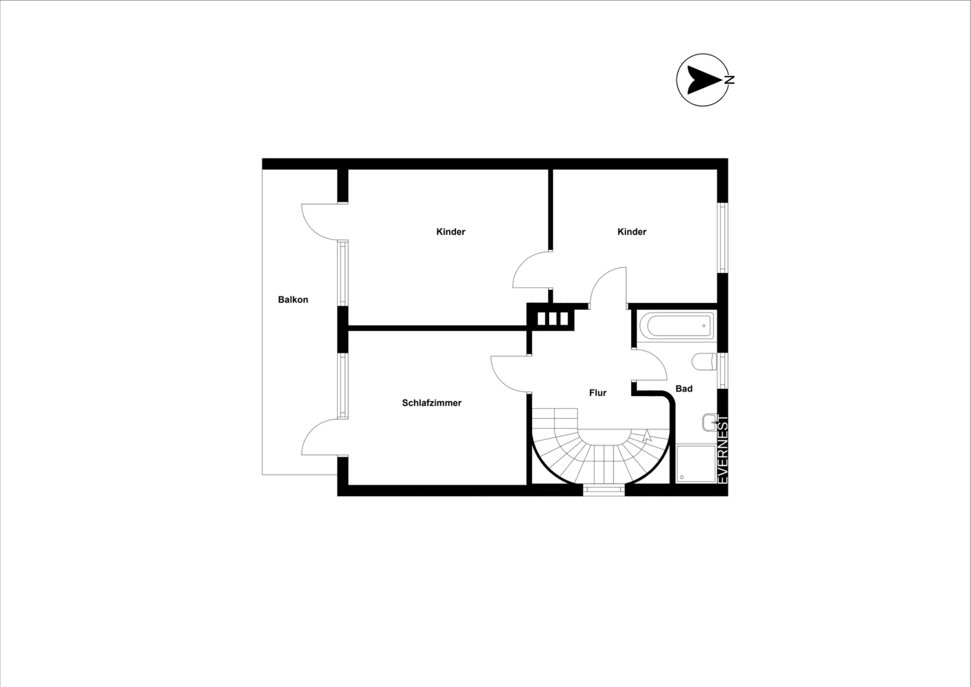 Grundriss mit zwei Kinderzimmern, Schlafzimmer, Bad, Flur und Balkon.
