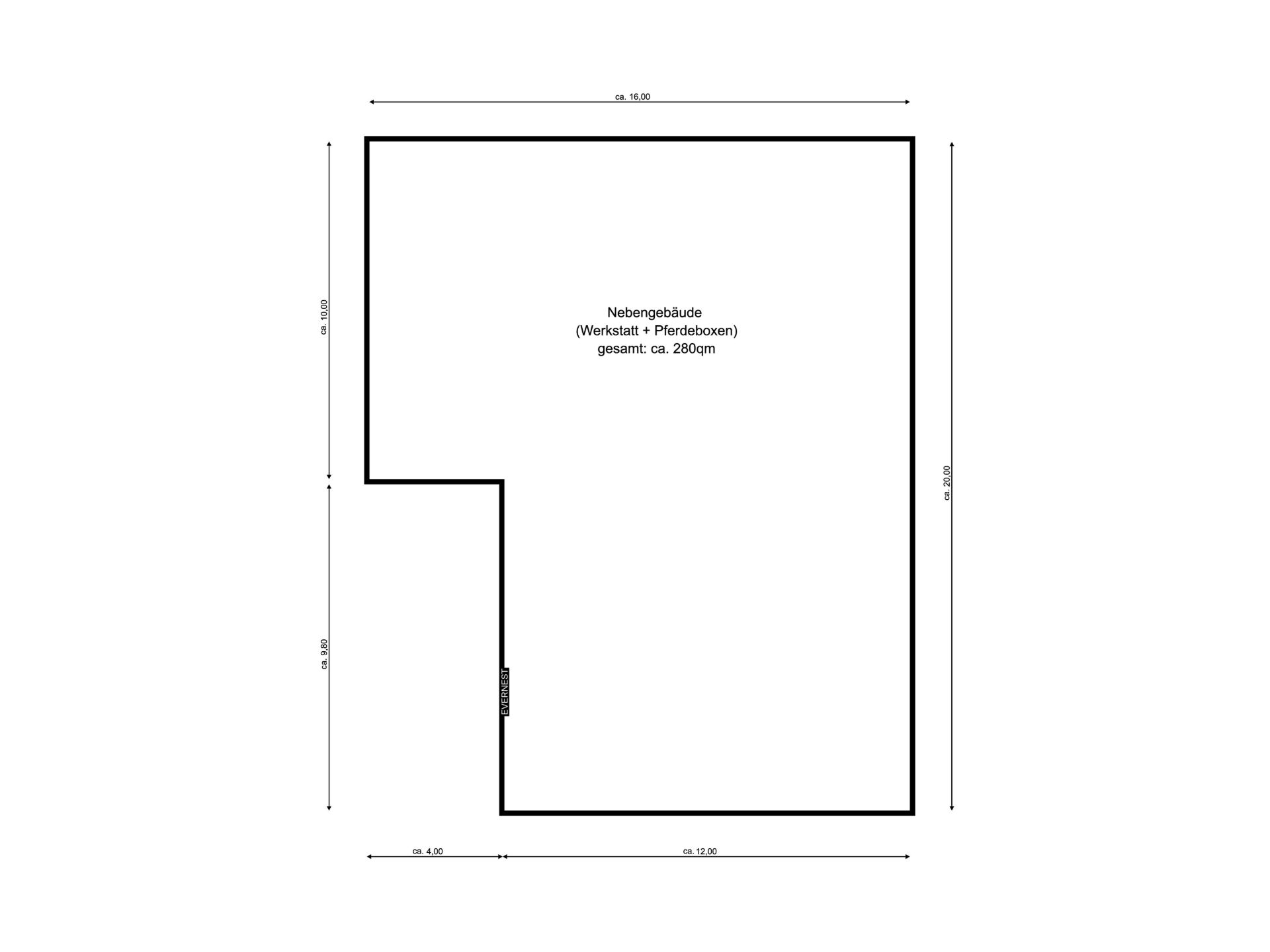 Grundriss eines Nebengebäudes mit Werkstatt und Pferdeboxen, Gesamtfläche ca. 280 qm.