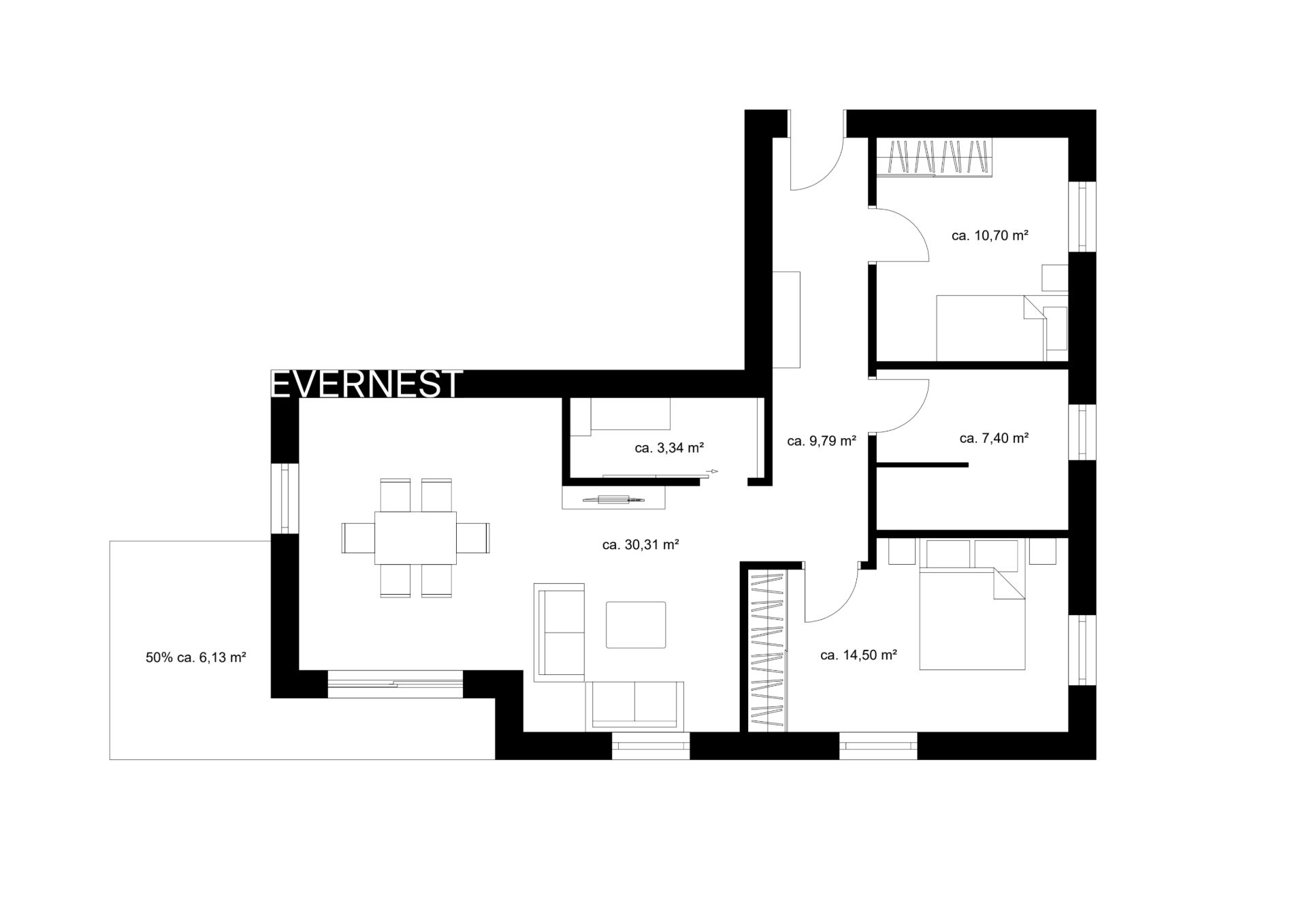 Grundriss einer Wohnung mit mehreren Zimmern, Ess- und Wohnbereich sowie Terrasse.
