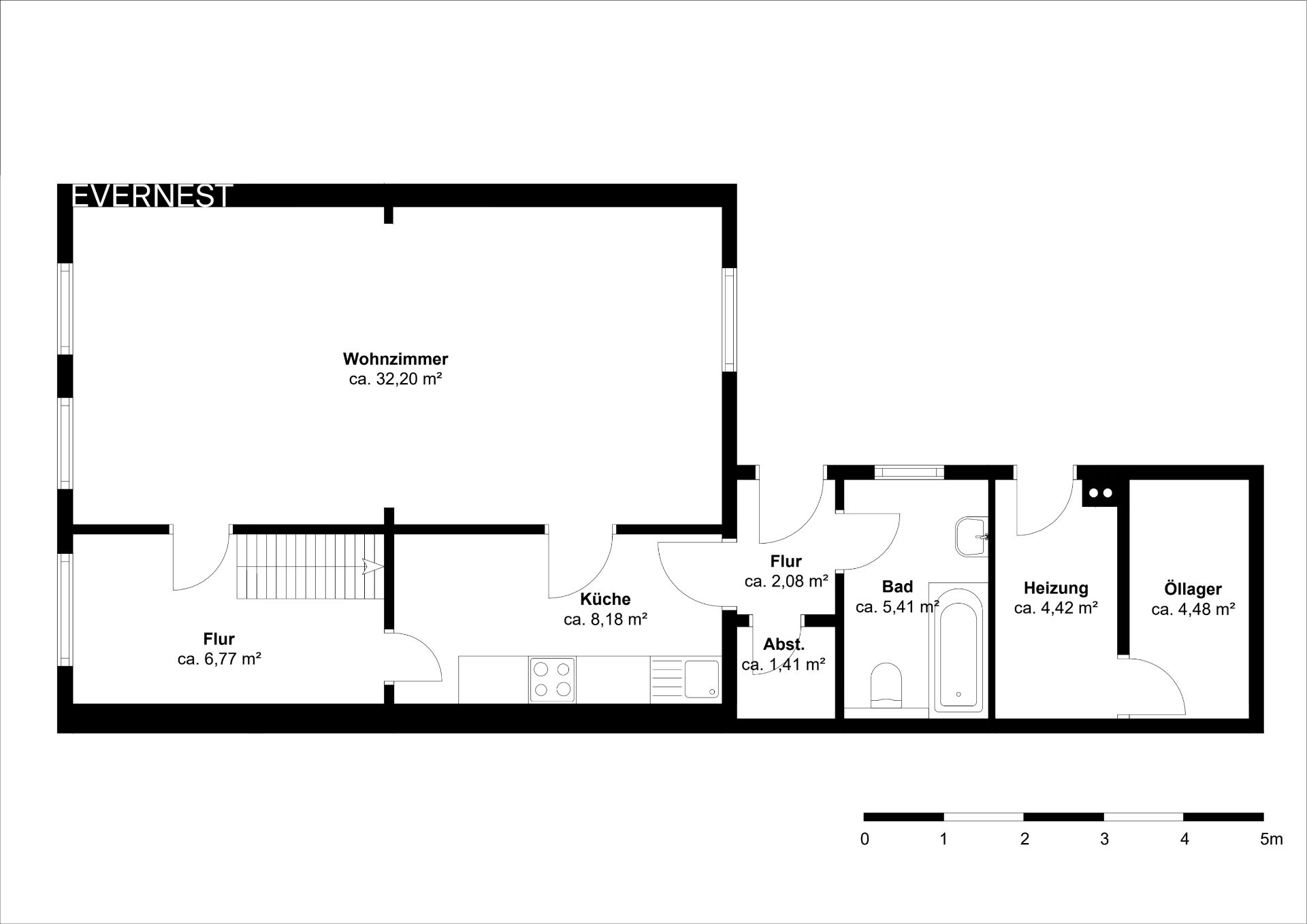 Grundriss mit Wohnzimmer, Küche, Bad, Fluren, Heizungsraum und Öllager.