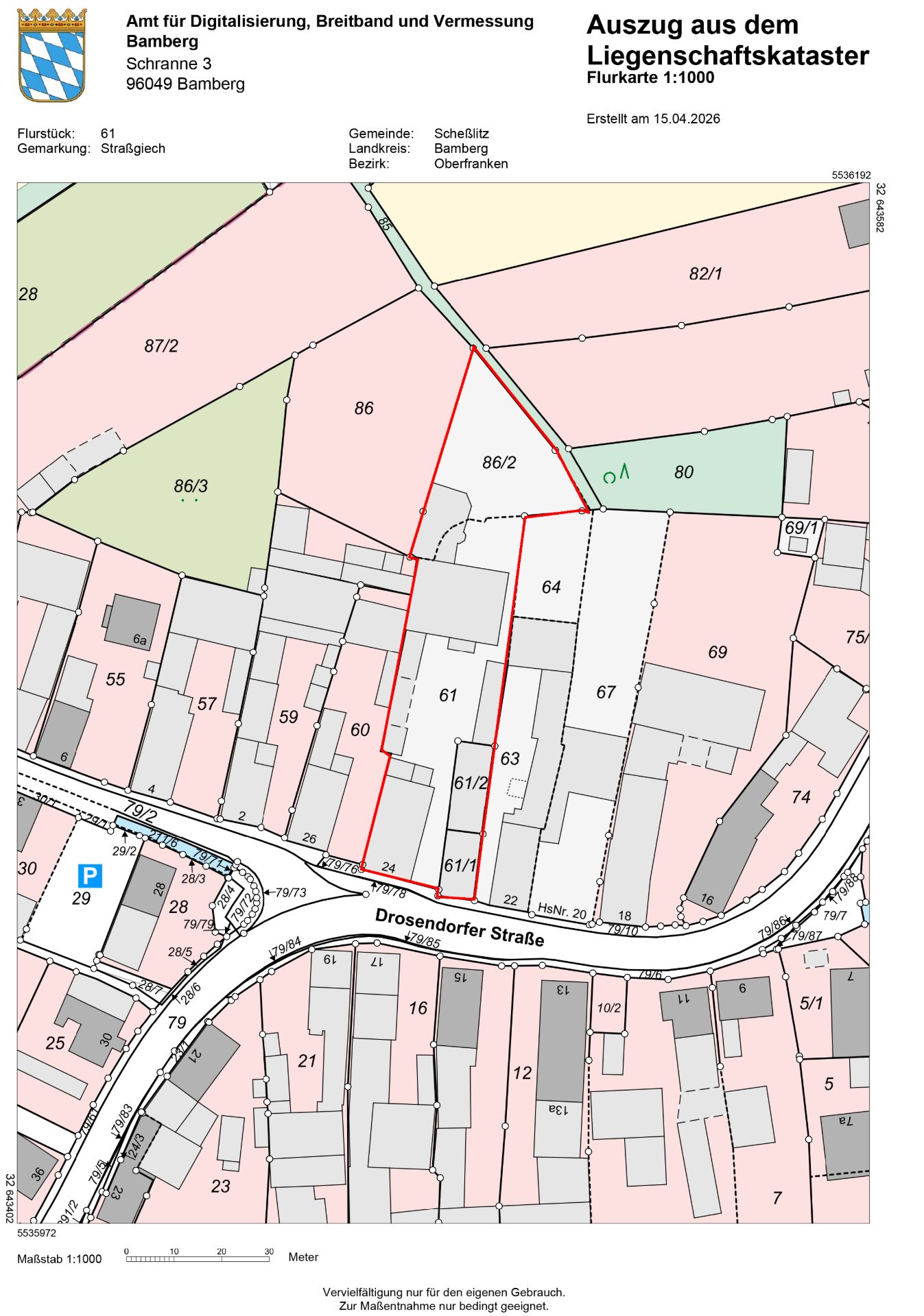 Auszug aus einer Flurkarte mit rot umrandetem Grundstück und Gebäuden an der Drosendorfer Straße.