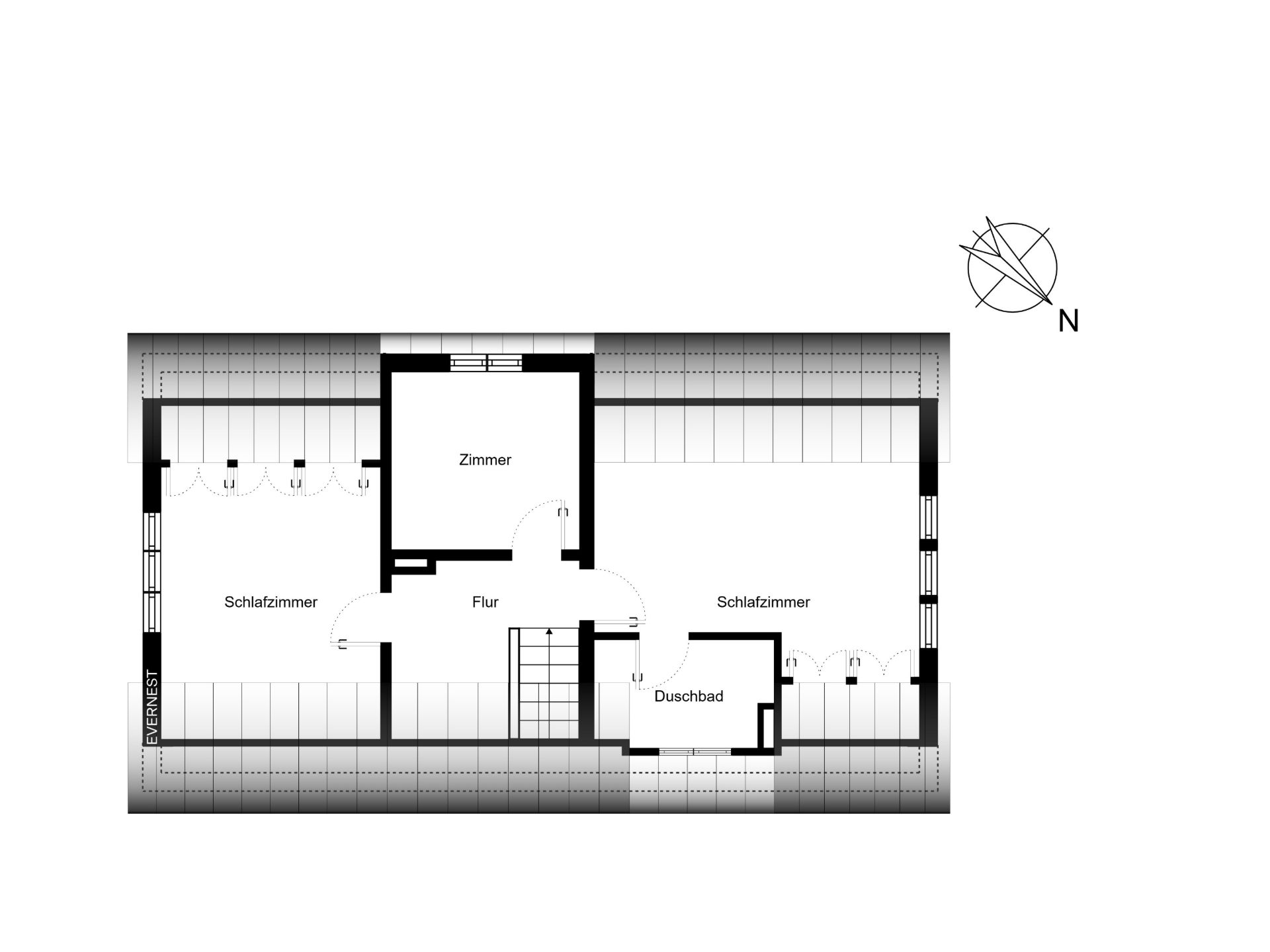 Grundriss mit zwei Schlafzimmern, einem Zimmer, Flur und Duschbad.