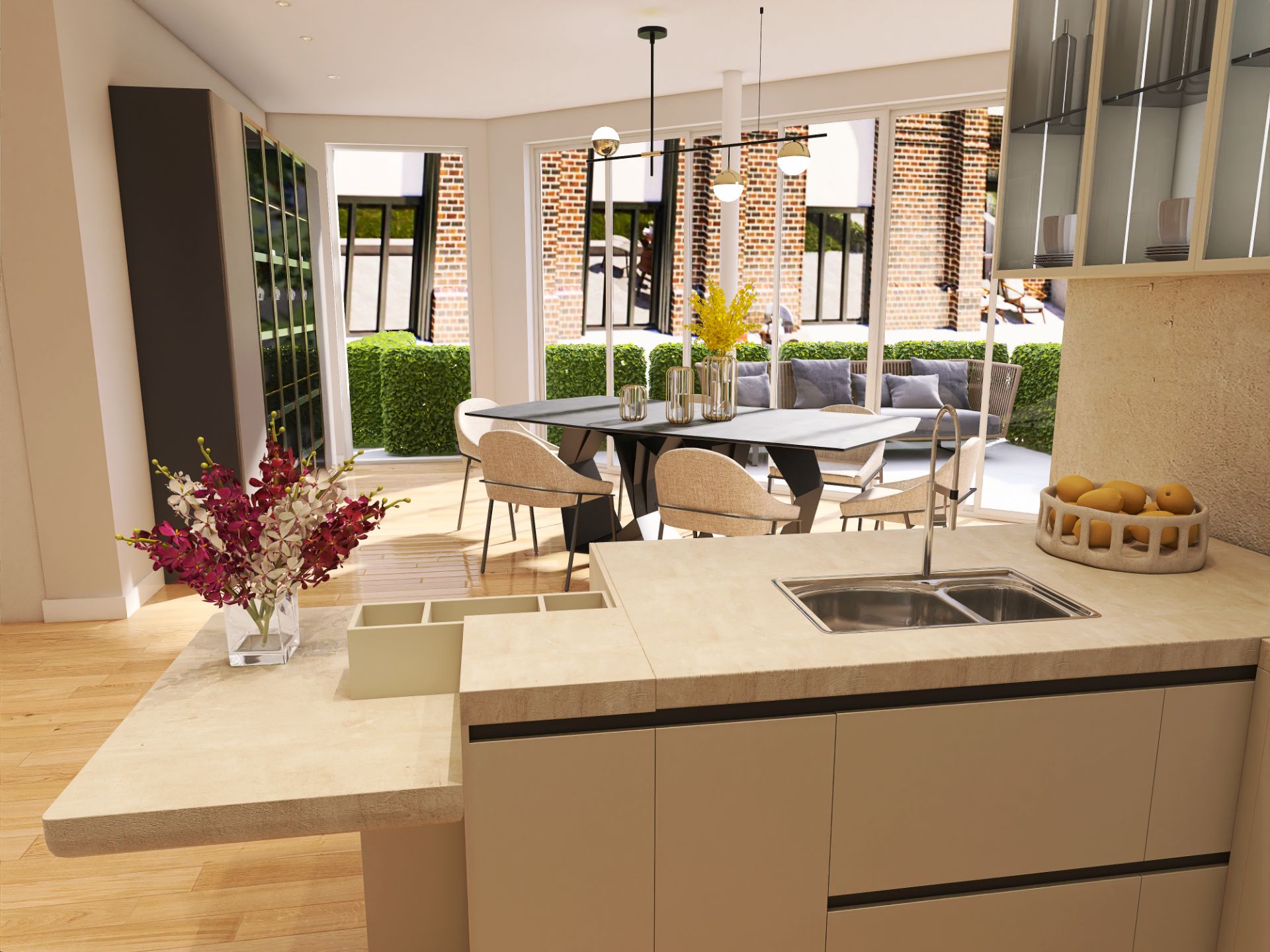 Moderne Küche mit Essbereich, großen Fenstern und Blumenvasen auf dem Tisch und der Arbeitsplatte.