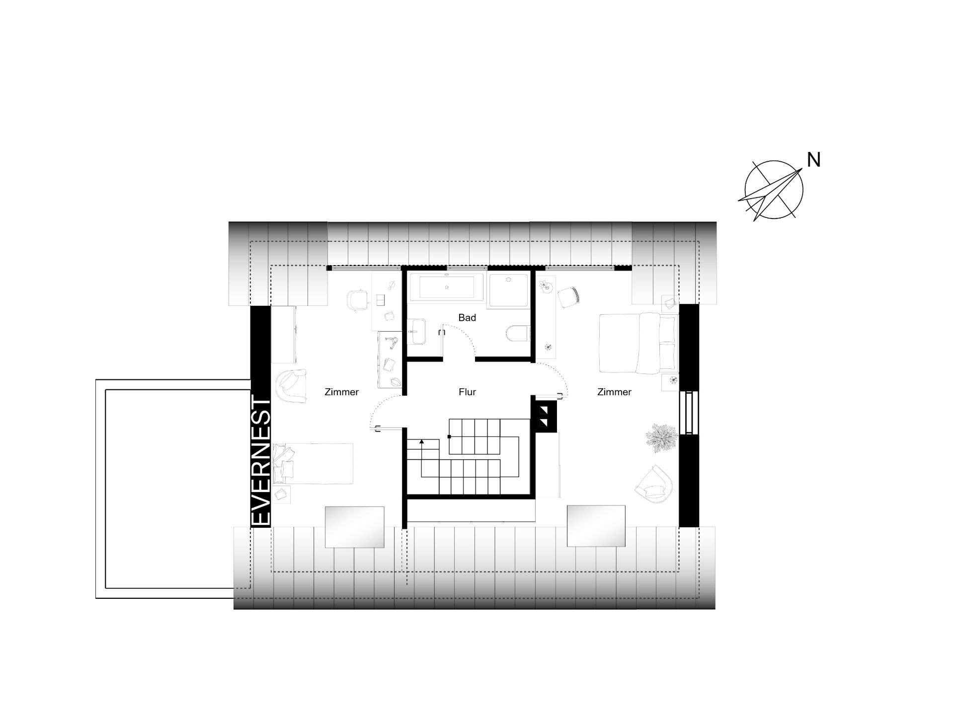 Grundriss einer Wohnetage mit zwei Zimmern, Bad und Flur, Treppe in der Mitte.