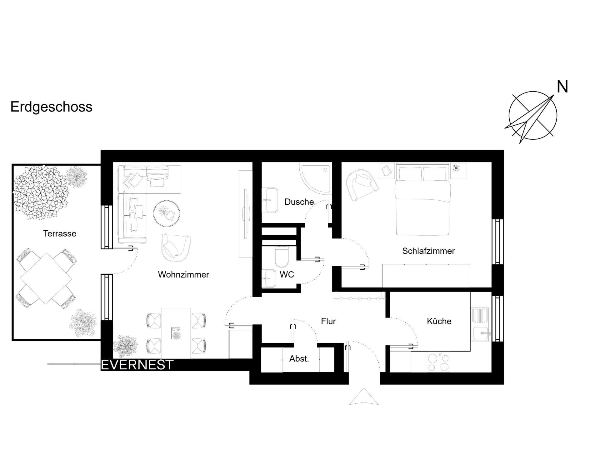 Grundriss des Erdgeschosses mit Terrasse, Wohnzimmer, Schlafzimmer, Küche, Bad und Flur.