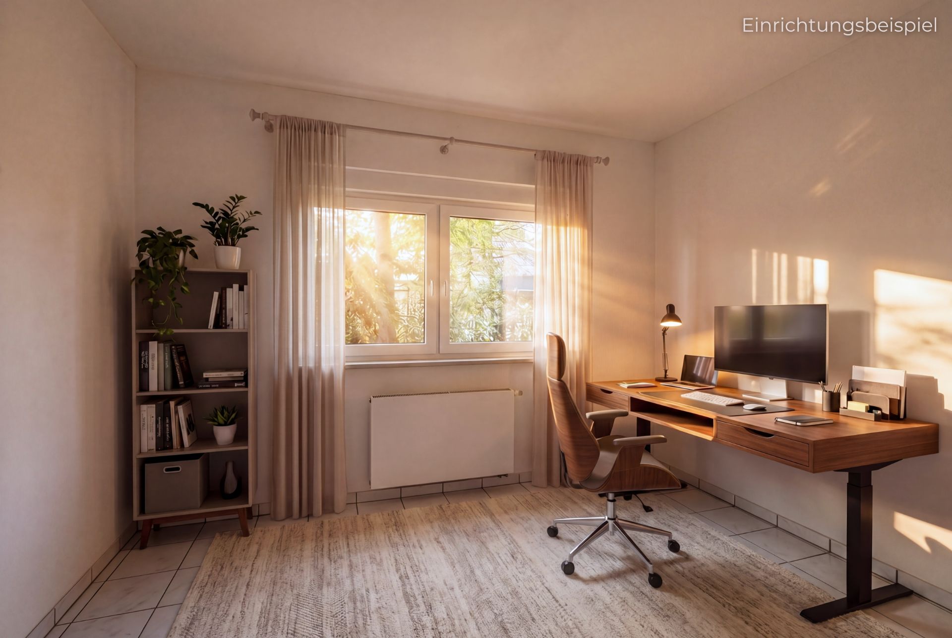 Helles Arbeitszimmer mit großem Fenster, Schreibtisch, Stuhl und Regal mit Pflanzen und Büchern.