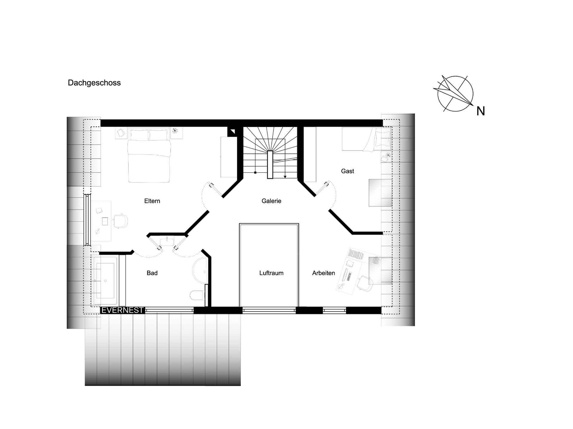 Grundriss des Dachgeschosses mit Eltern-, Gäste-, Arbeitszimmer, Bad, Galerie und Luftraum.