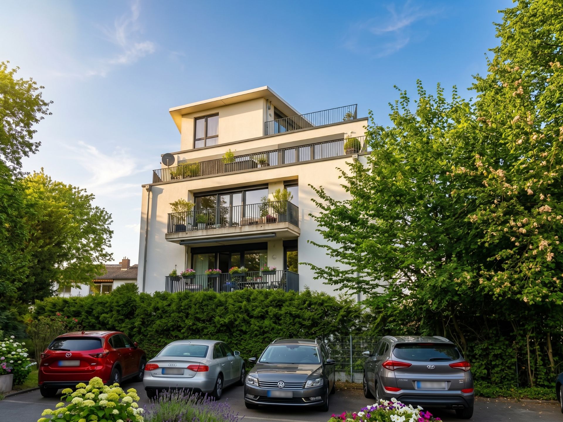 Modernes Wohnhaus mit mehreren Balkonen, davor vier geparkte Autos und viel Grün.