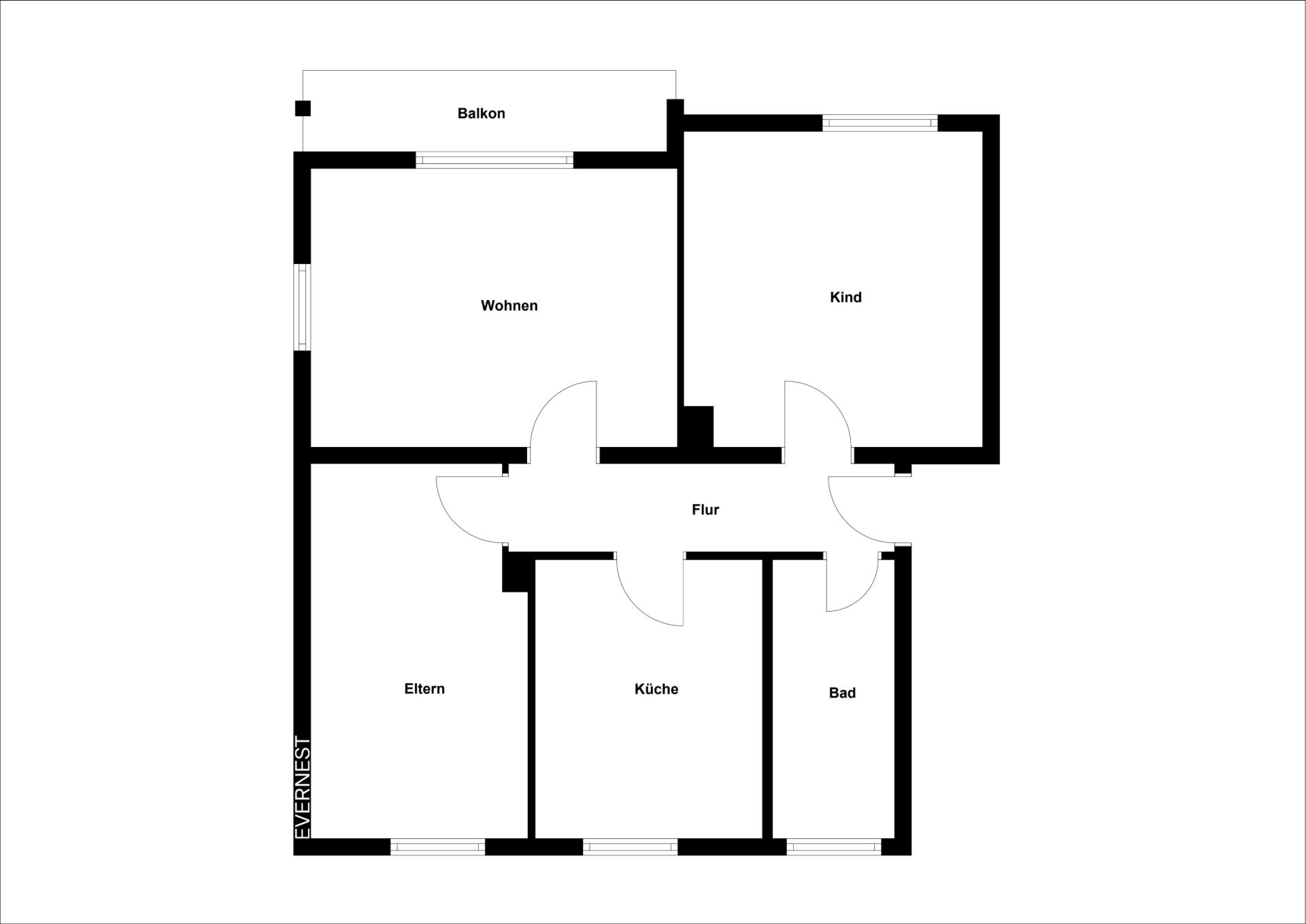 Grundriss einer Wohnung mit Balkon, Wohnzimmer, Kinderzimmer, Elternzimmer, Küche, Bad und Flur.