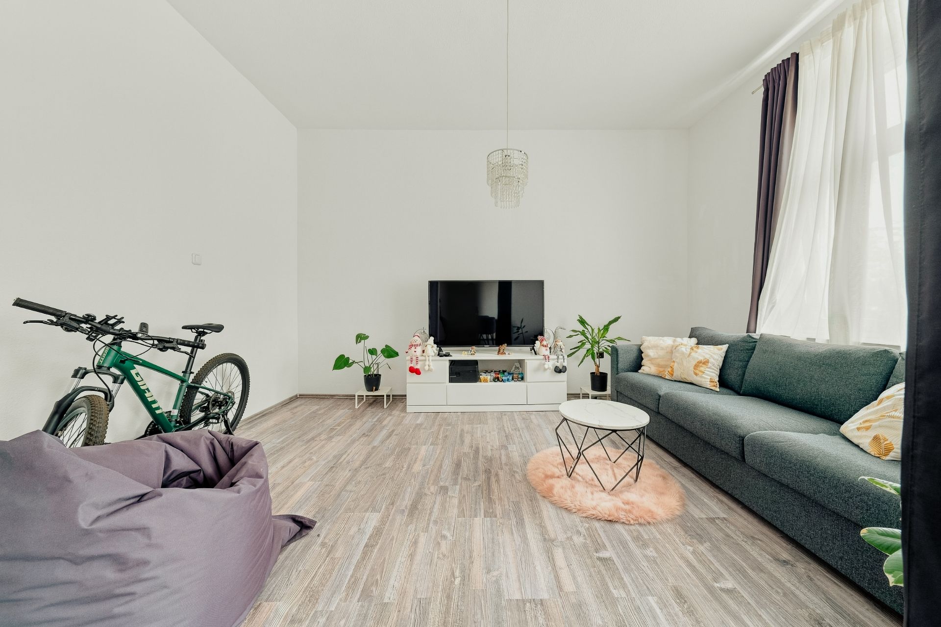 Helles Wohnzimmer mit Sofa, Fernseher, Couchtisch, Fahrrad, Sitzsack und Zimmerpflanzen.