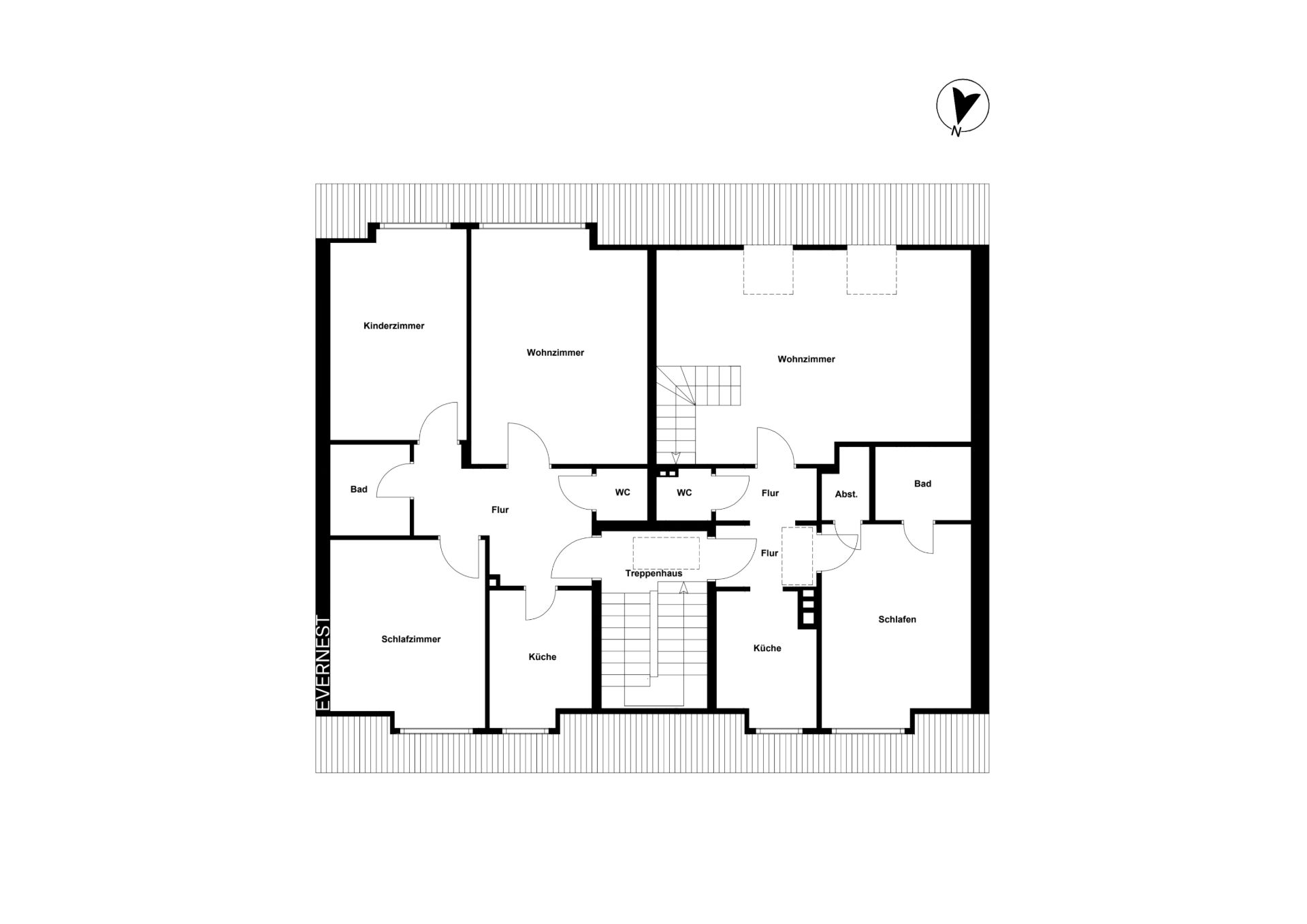 Grundriss mit markierten Zimmern wie Wohnzimmer, Schlafzimmer, Küche, Bad und Flur.
