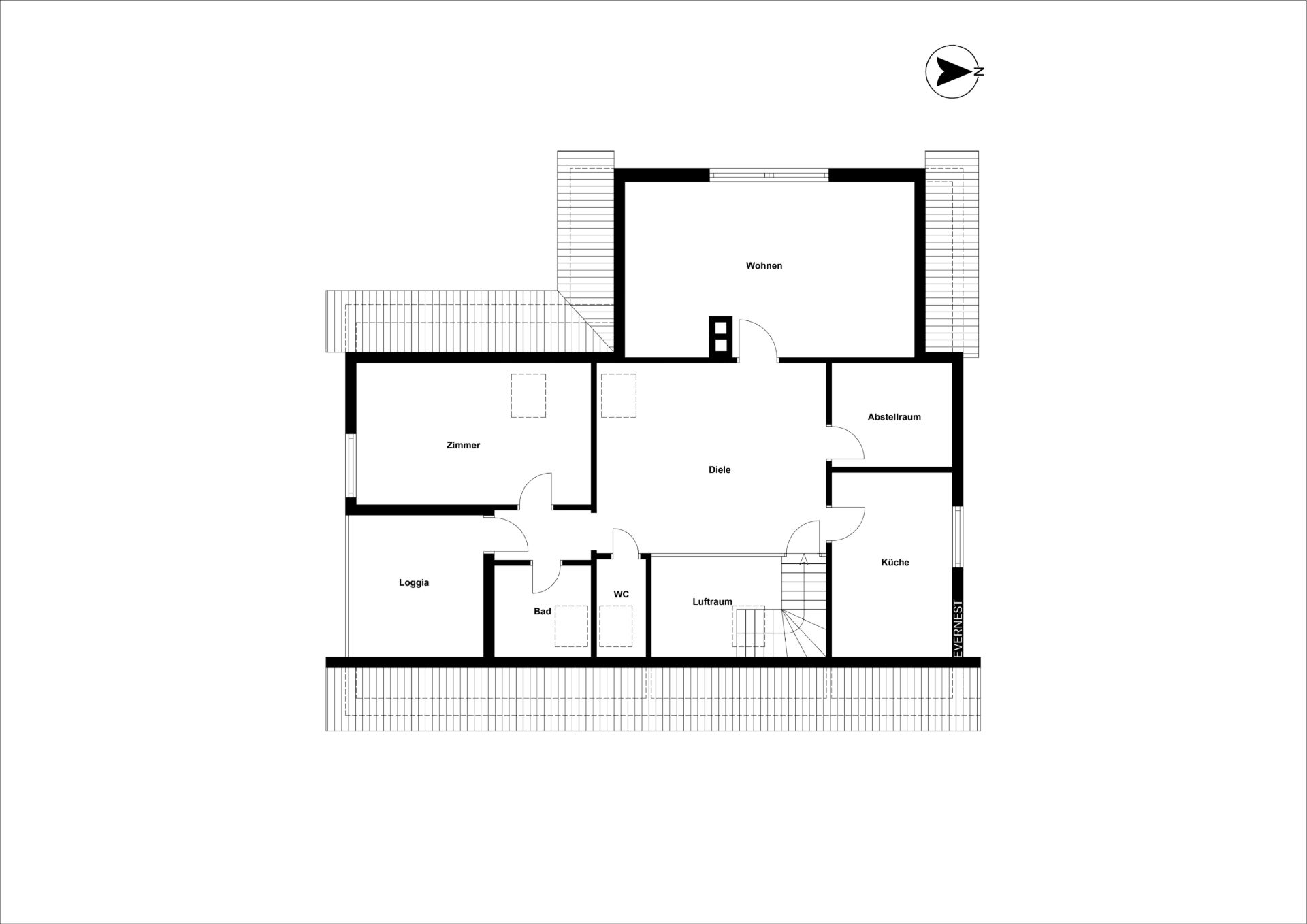 Grundriss einer Wohnung mit Zimmer, Wohnen, Küche, Loggia, Bad, WC und Abstellraum.