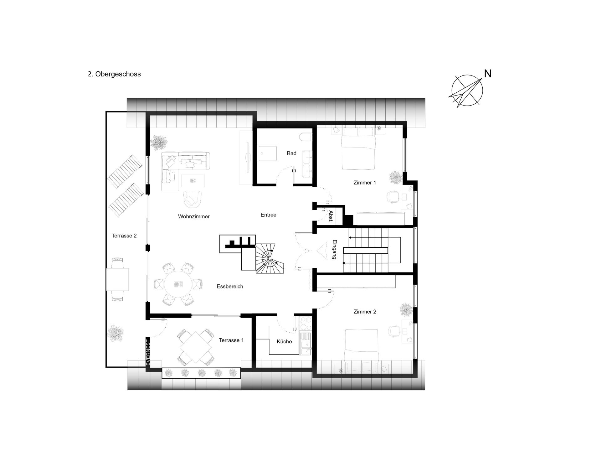 Grundriss einer Wohnung mit Wohnzimmer, Küche, zwei Zimmern, Bad und zwei Terrassen.