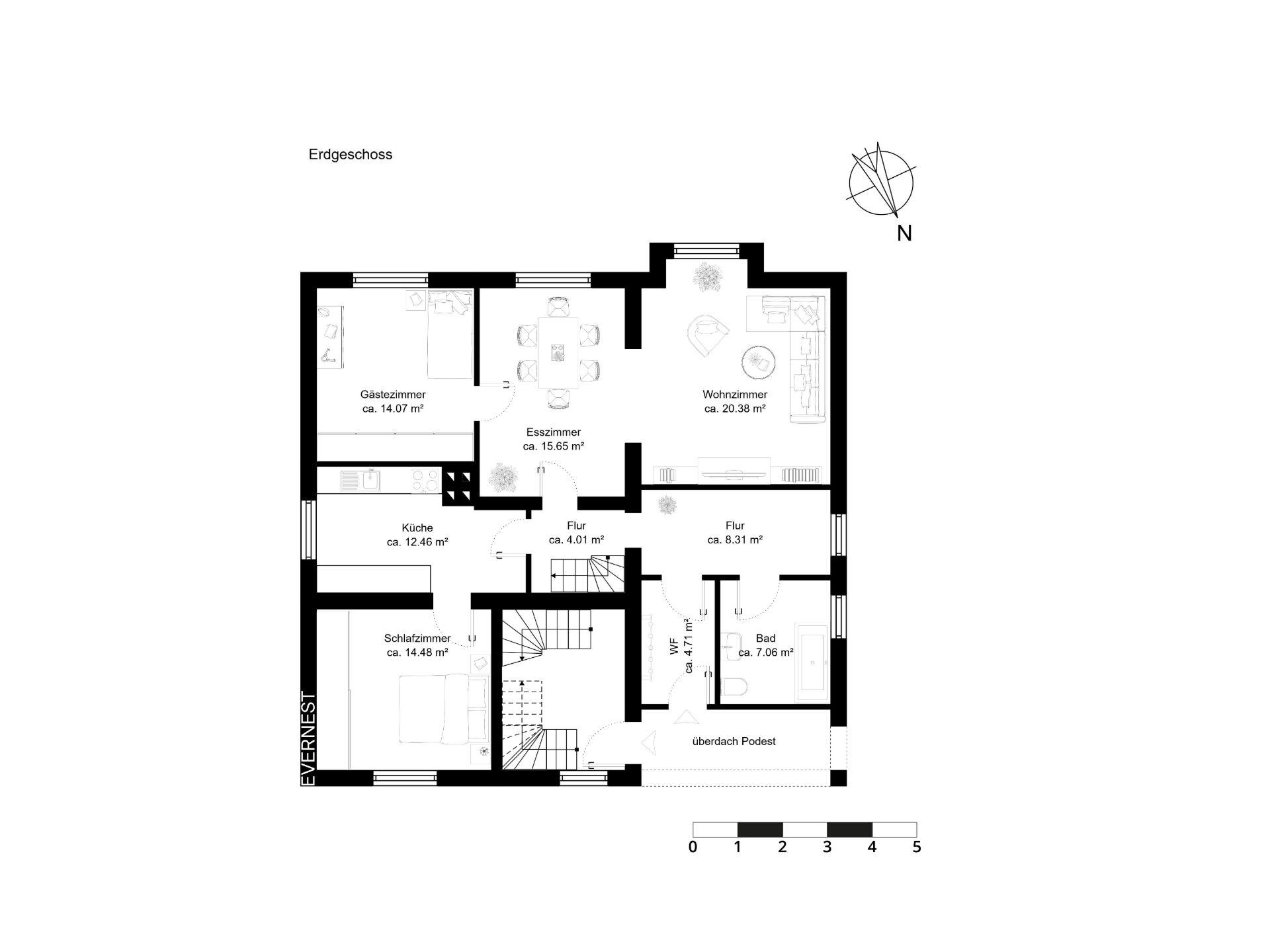 Grundriss des Erdgeschosses mit Wohnzimmer, Schlafzimmer, Küche, Bad und Esszimmer.