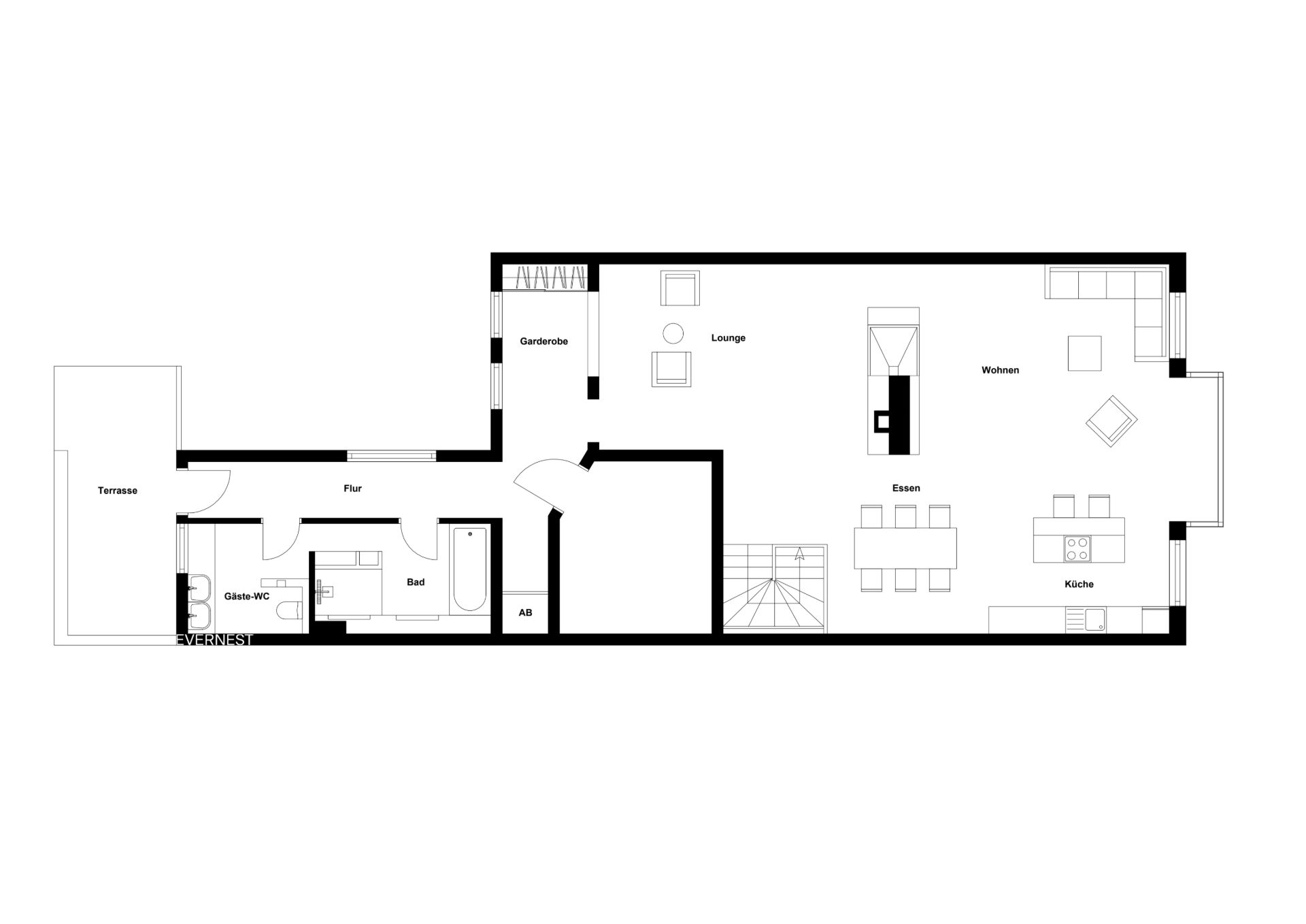 Grundriss einer Wohnung mit Terrasse, Küche, Bad, Gäste-WC, Essbereich, Lounge und Wohnzimmer.