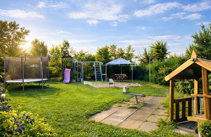 Garten mit Trampolin, Schaukel, Rutsche, Pavillon, Wippe und kleinem Holzhaus bei Sonnenschein.