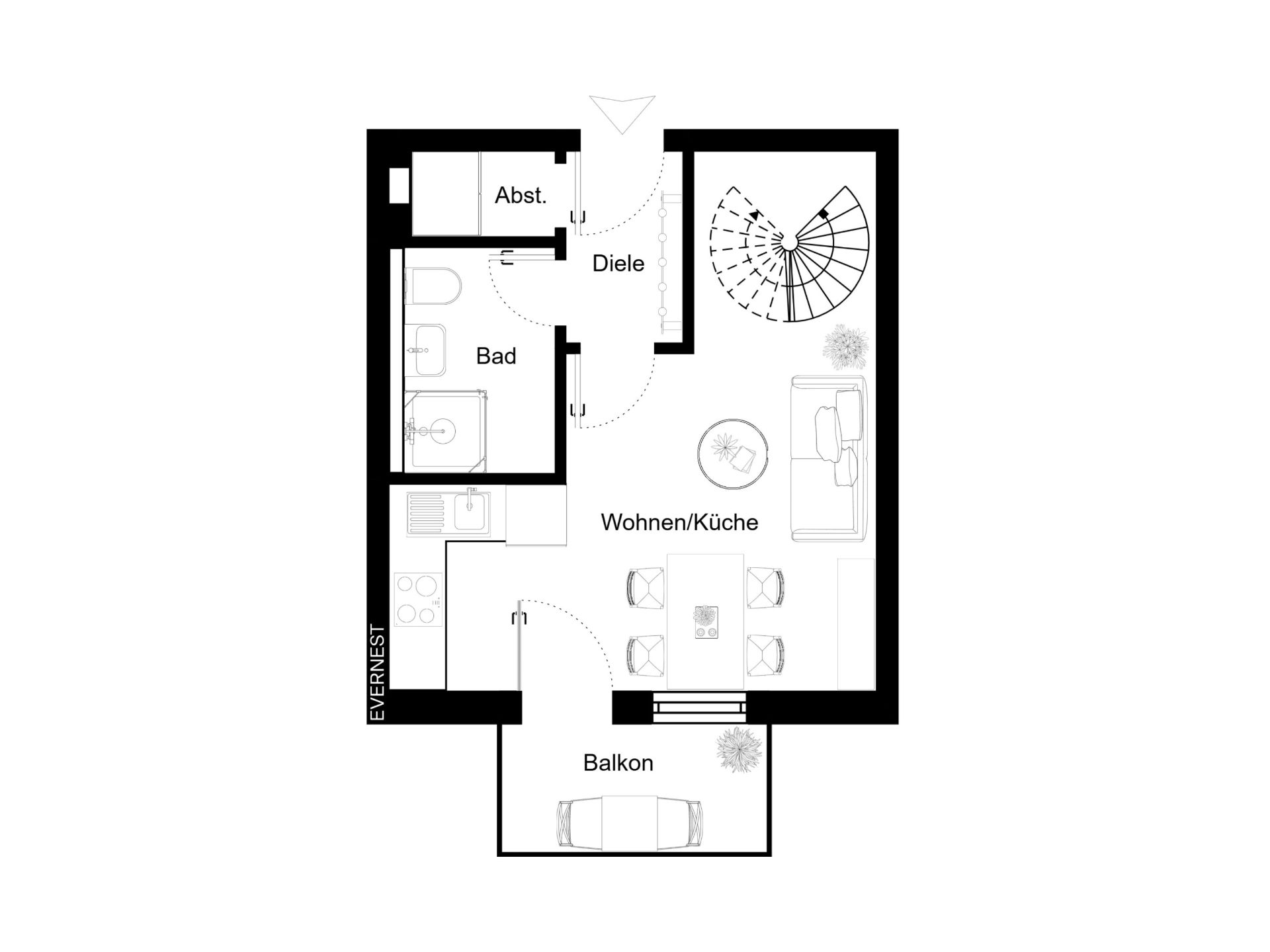 Grundriss einer Wohnung mit Wohnzimmer, Küche, Bad, Abstellraum, Diele und Balkon.