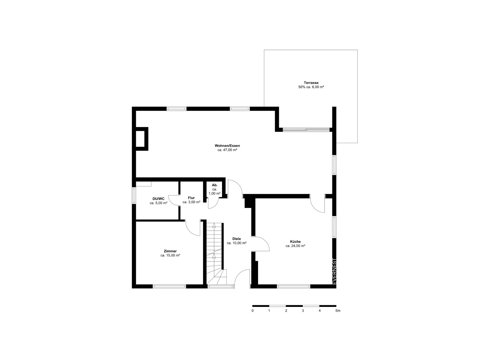 Grundriss einer Wohnung mit Zimmern, Bad, Küche, Flur, Terrasse und Treppe.
